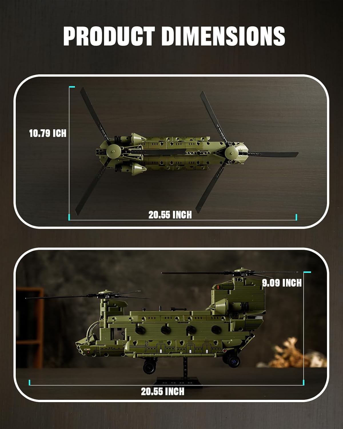 Helicóptero militar CH-47 Chinook, juego de bloques de construcción de helicópteros de transporte militar, icónico modelo de exhibición de juguete