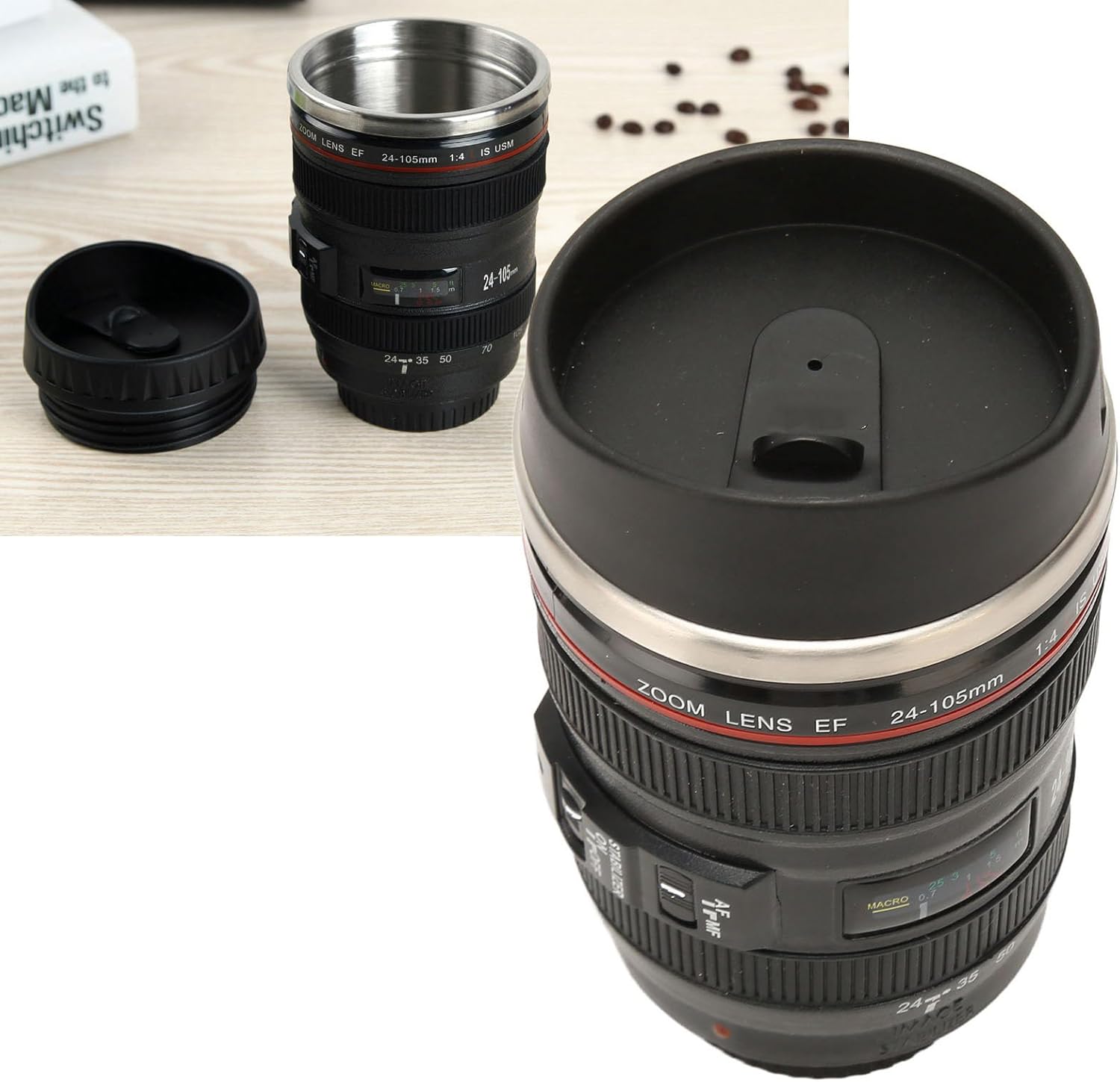 Taza de café con lente de cámara, taza de café de acero inoxidable para fotógrafo, taza de café de viaje con tapa, forro interior de acero