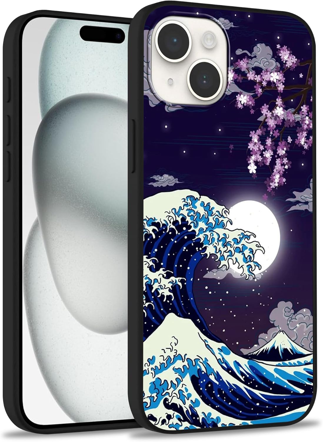 MSEAANBK Funda diseñada para iPhone 15 Plus, funda japonesa con patrón de luna de cerezo y flor para hombres, mujeres, niños y niñas, TPU suave, a