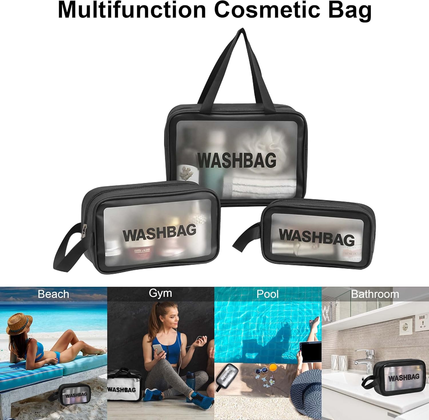 Bolsas de cosméticos, 3 piezas-negro, Transparente
