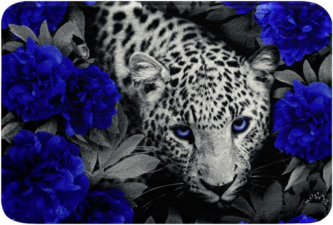 Alfombra de baño 3D con estampado de leopardo y rosa azul para niños, animales de safari africanos, tapete de cocina, novedoso tapete de cocina con