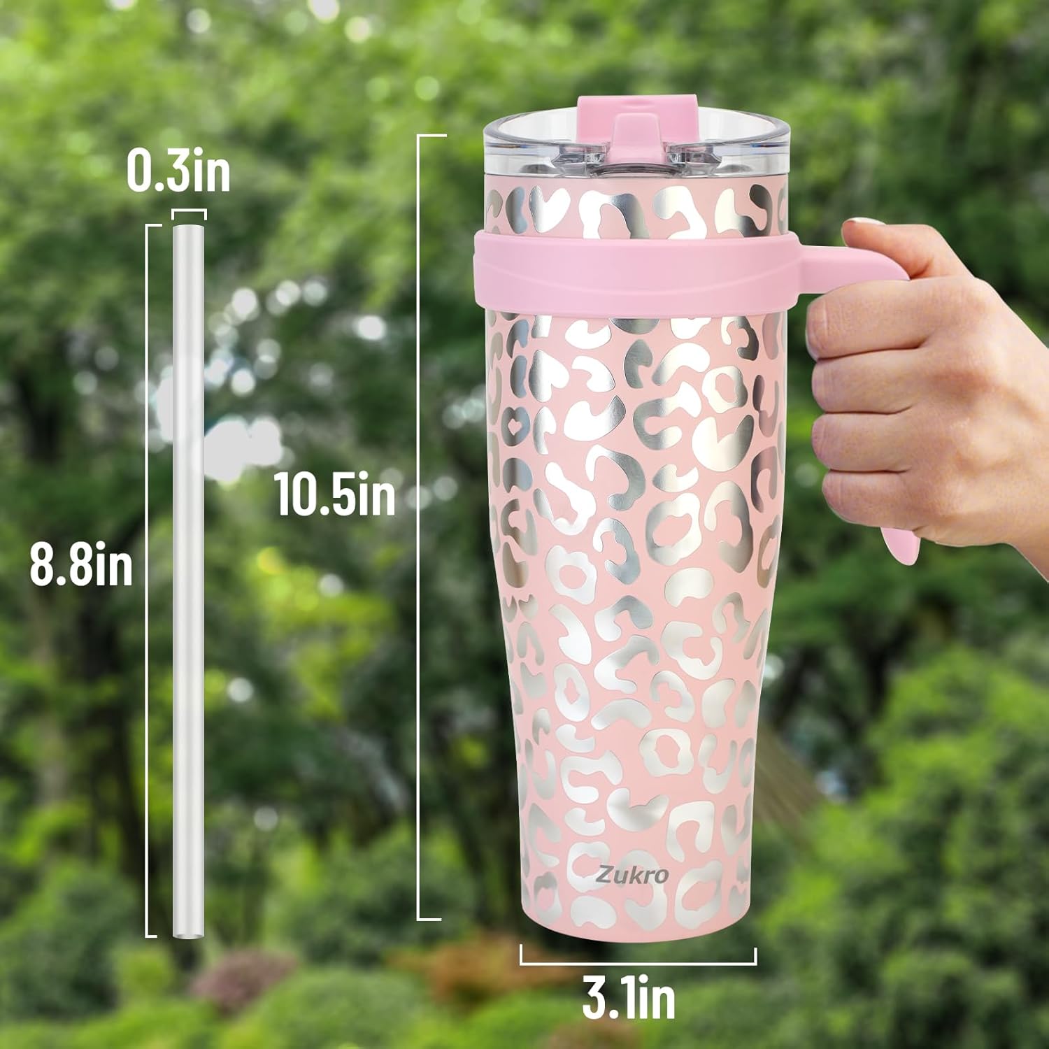 Zukro Vaso de 50 onzas con popote abatible y asa, a prueba de fugas de acero inoxidable aislado al vacío con tapa 2 en 1, apto para portavasos sin