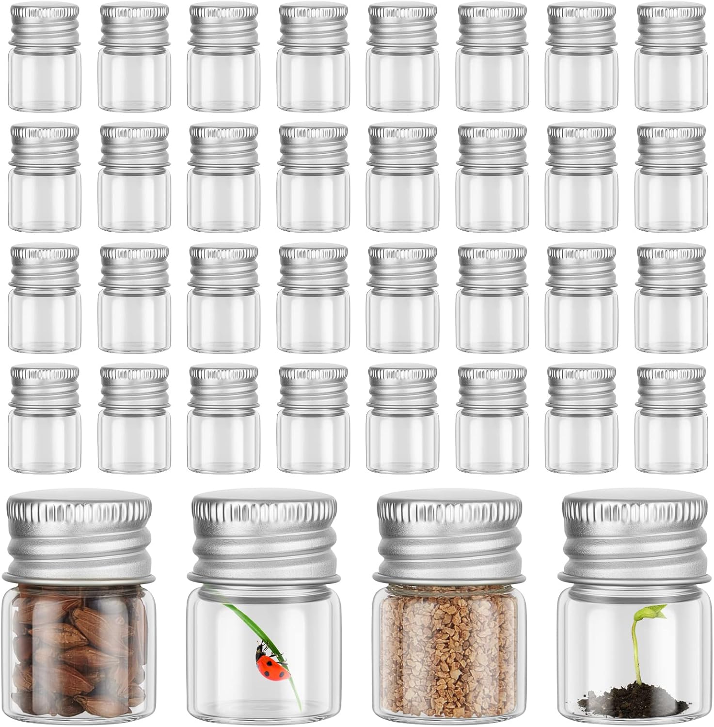Tessco 100 mini botellas de vidrio de 0.2 onzas líquidas con tapas de rosca, frascos pequeños de vidrio vacíos con tapas de aluminio, recipiente