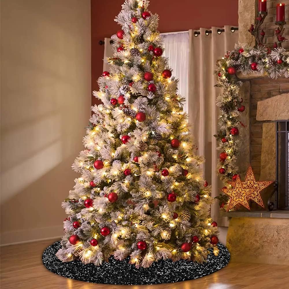 XIMISHOP Falda de árbol de lentejuelas de 48 pulgadas, falda de árbol negra plateada con purpurina para decoración de árbol de Navidad, Halloween,