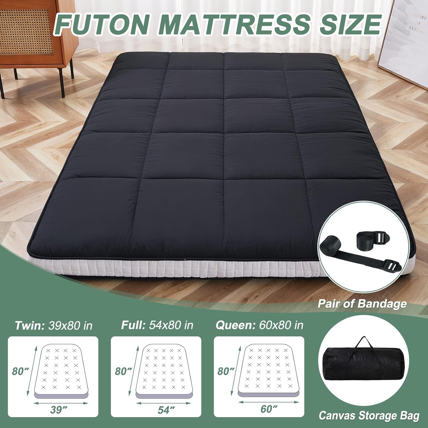 LILYPELLE Colchón japonés futón, colchón plegable, colchón enrollable, tapete de tatami para dormir, tumbona de suelo, cama de invitados, fácil de