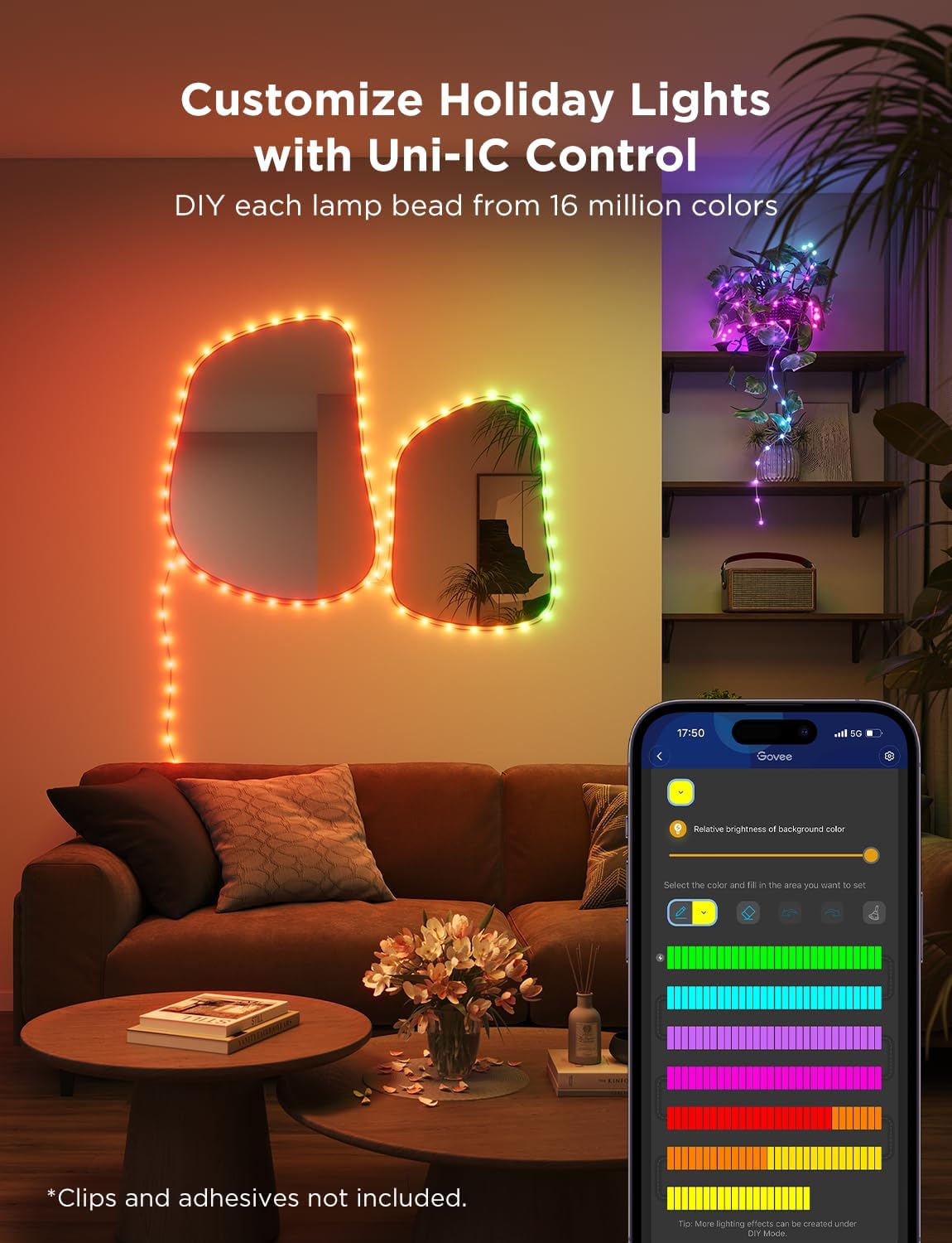Govee Cadena de luces de 33 pies, luces inteligentes RGBIC para interiores con más de 99 modos de escena preestablecidos, luces LED de Navidad