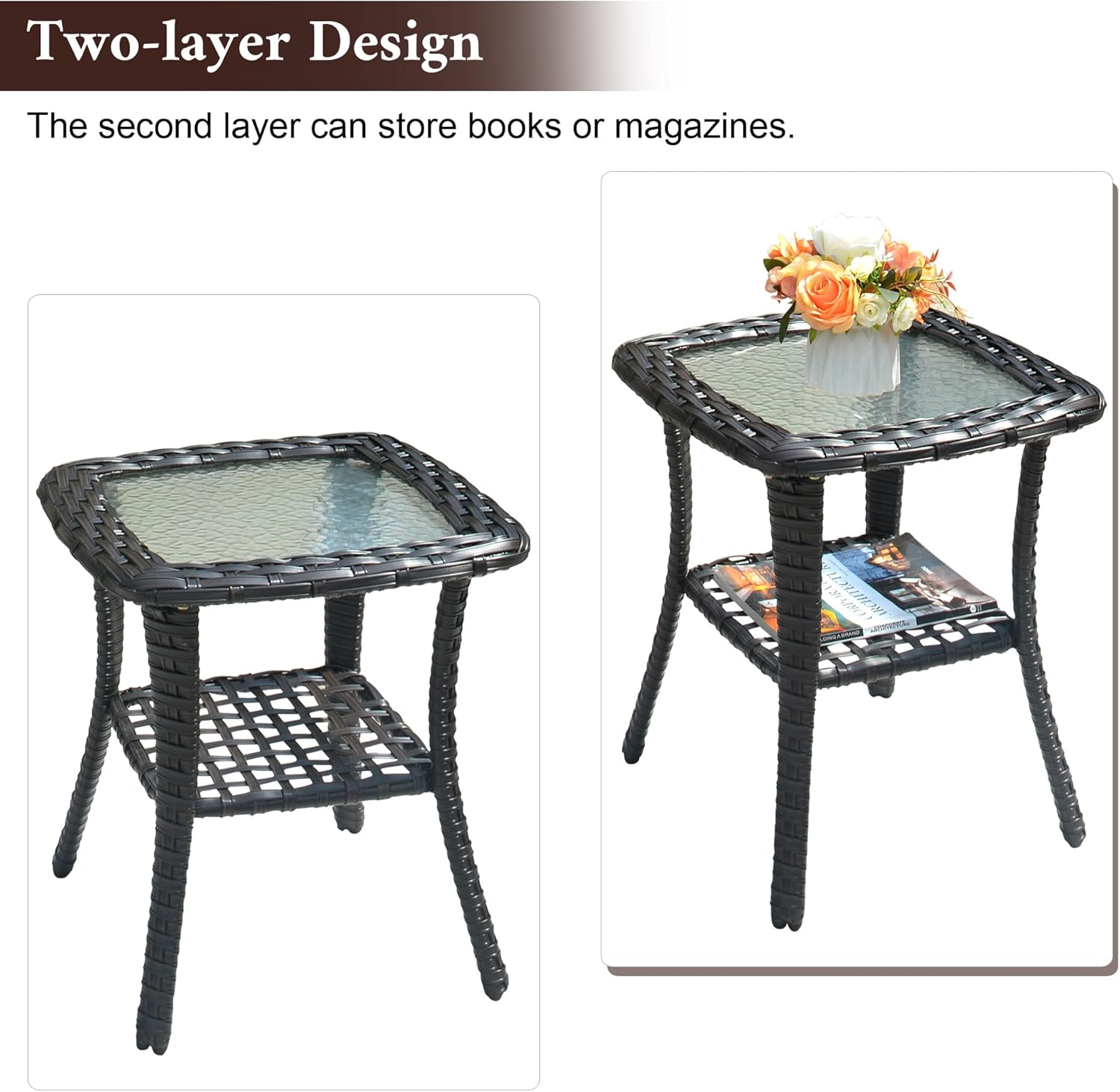 OVIOS Mesa de centro de mimbre de ratán para exteriores con parte superior de cristal, mesa auxiliar para exteriores, balcón, terraza, mimbre marrón