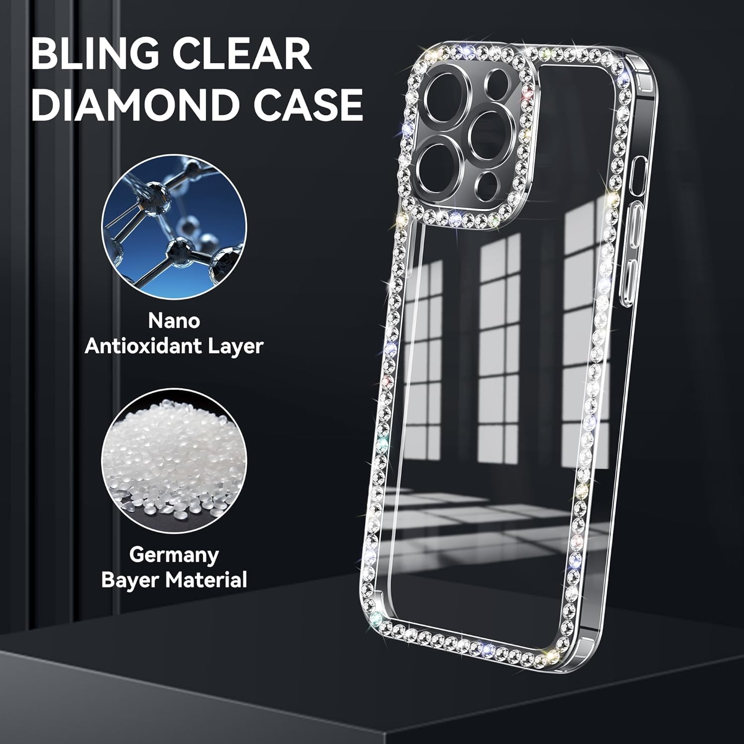 Funda compatible con iPhone 15 Pro Max transparente con diamantes de imitación para niñas y mujeres, funda femenina con purpurina brillante, diseño
