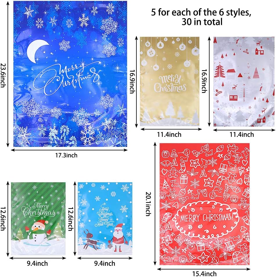 30 bolsas de regalo de Navidad, bolsas grandes para golosinas navideñas, bolsas de envoltura de regalos, bolsas de regalo con patrón de copos de