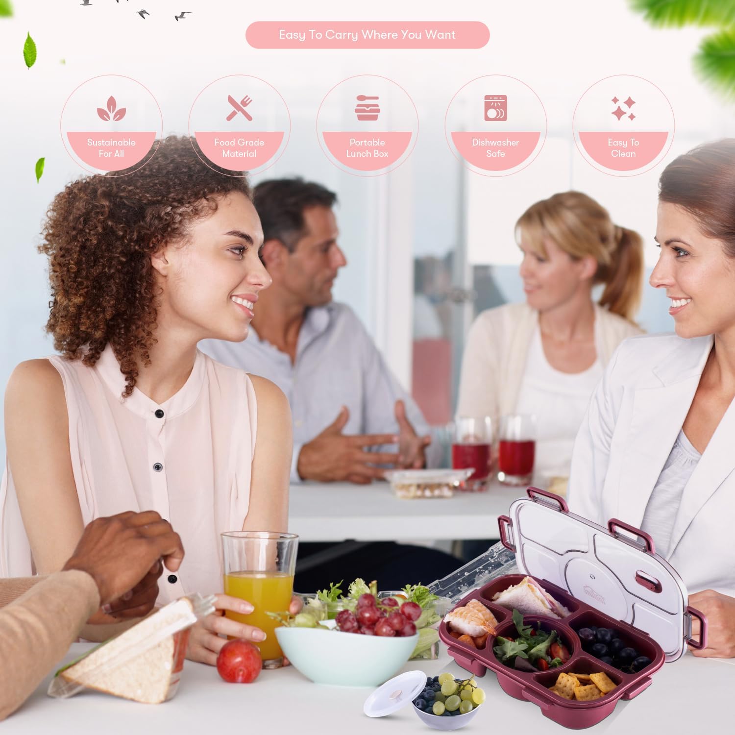 Tarlini Bento Box – Lonchera simple y fácil a prueba de fugas, sin BPA, caja de aperitivos bento de 5 compartimentos, lonchera Bento para adultos,