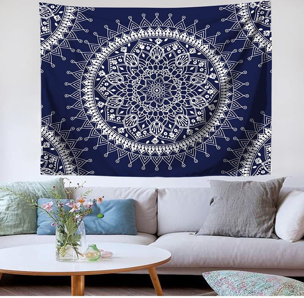 Jewelry-Box Bohemian Psychedelic Colorful Mandala Tapestry Wall Decoration for Room (Dark Blue&White)(59.1 * 78.7 inches, 150 * 200 cm)