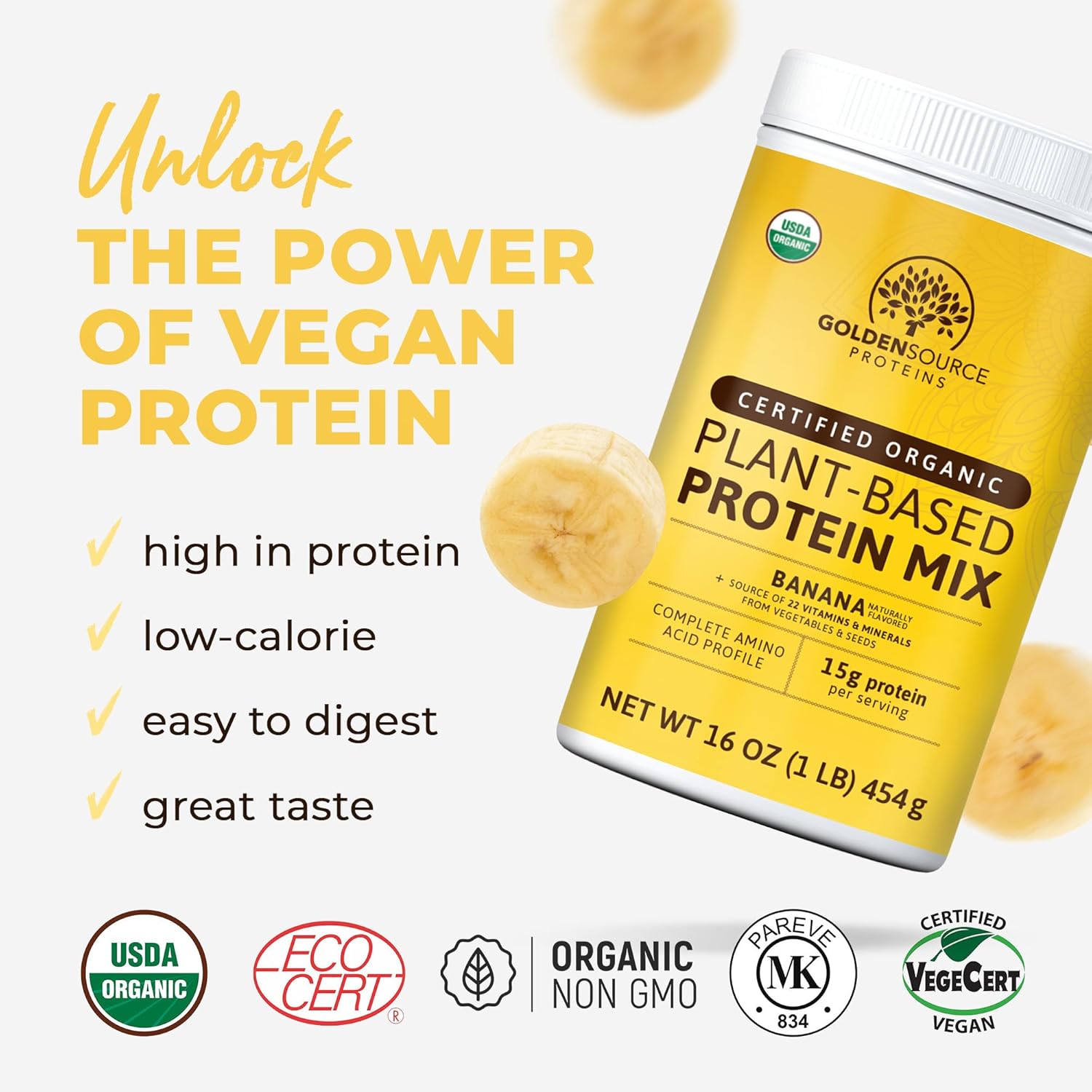 GoldenSource Proteins, plátano, proteína en polvo a base de plantas, mezcla de proteínas, proteína en polvo con 22 vitaminas y minerales, 0.63 onzas