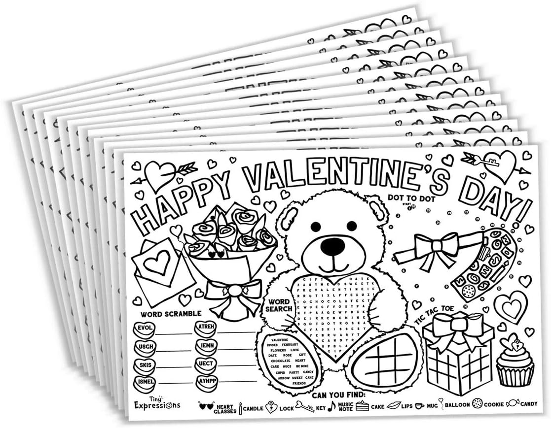 Tiny Expressions – Manteles individuales para colorear del día de San Valentín para niños  Paquete de 12 alfombrillas de papel desechables para mesa