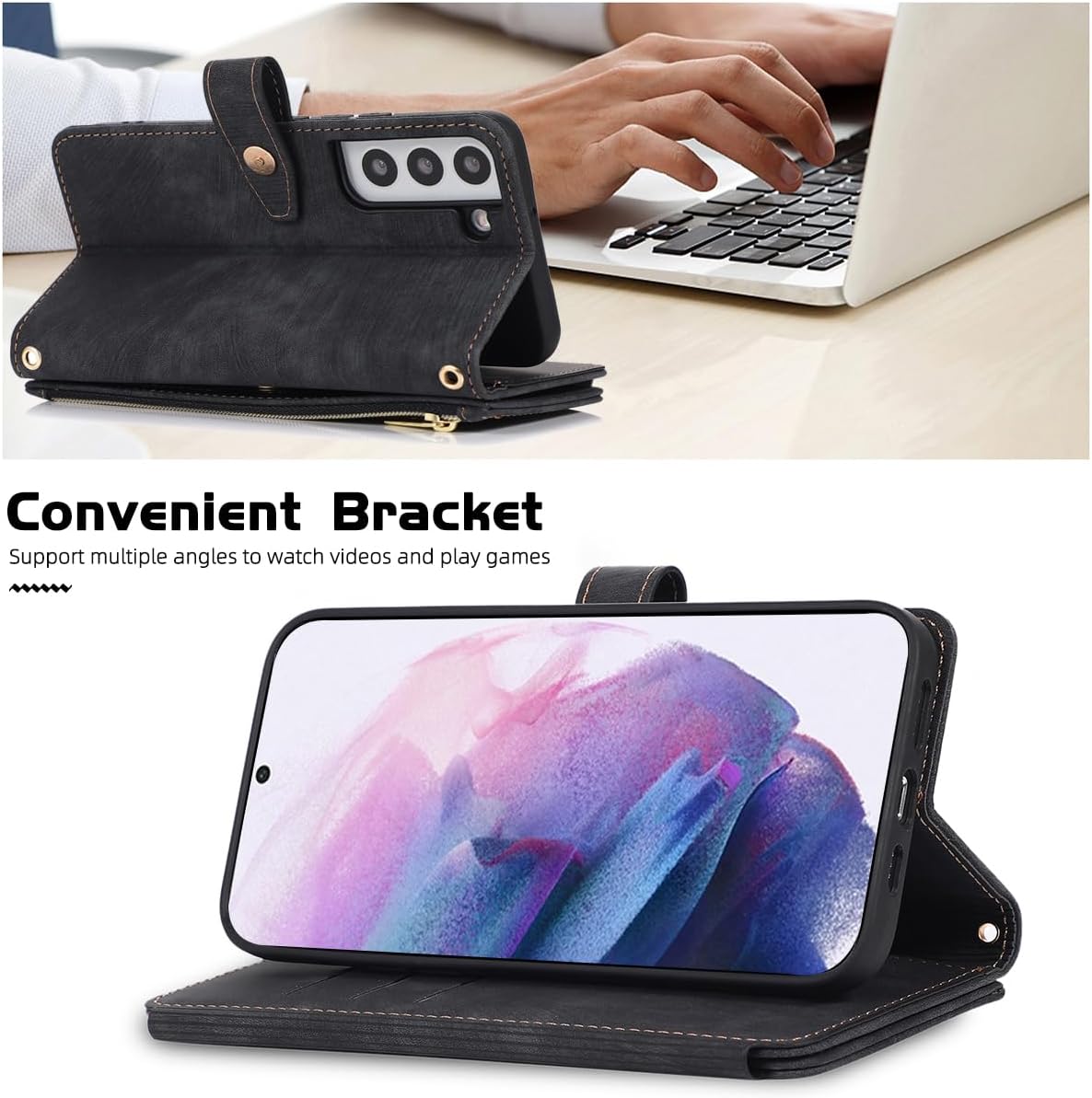 Diseño para Samsung Galaxy S21 5G Funda tipo cartera cruzada con ranuras para tarjetas de piel sintética, función atril, cierre magnético, con