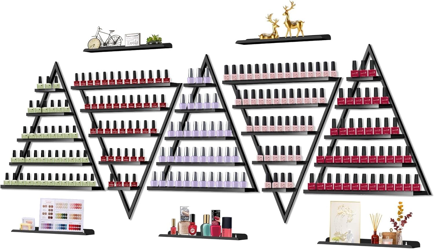 10 estantes de almacenamiento de esmalte de uñas de metal para montaje en pared, 5 niveles, color negro, triangular, vitrina de cosméticos, lápiz