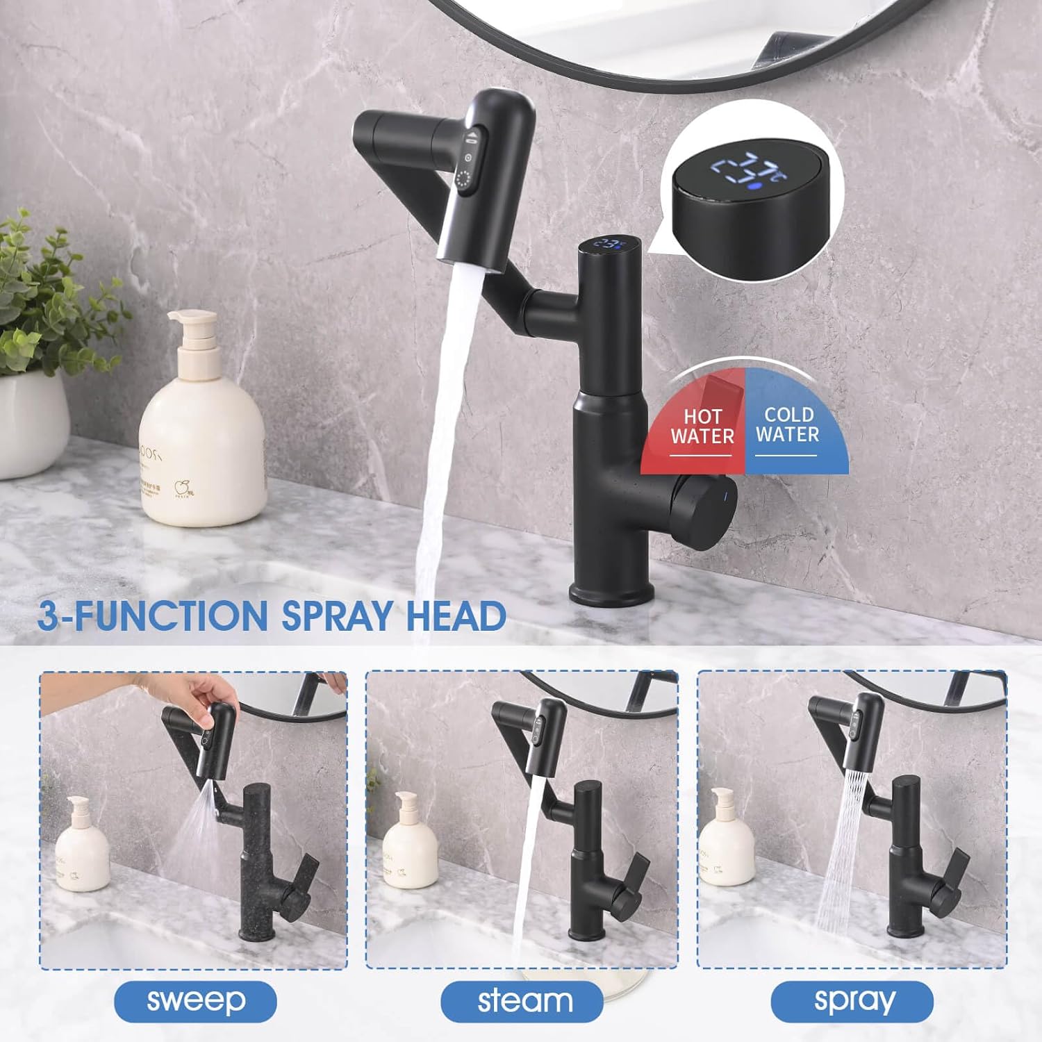 Grifo de baño, grifos giratorios con pantalla de temperatura (sin baterías), 3 modos de salida de agua, grifo de un solo orificio para fregadero de