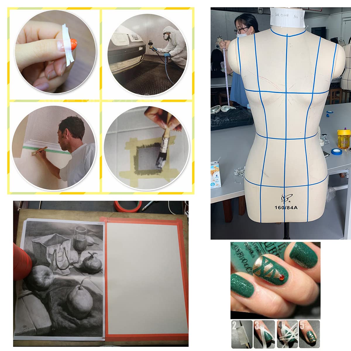 jinbing Cinta adhesiva de papel verde para pintar y dibujar y hacer manualidades de uñas y patrones (14 pulgadas, 5 piezas)