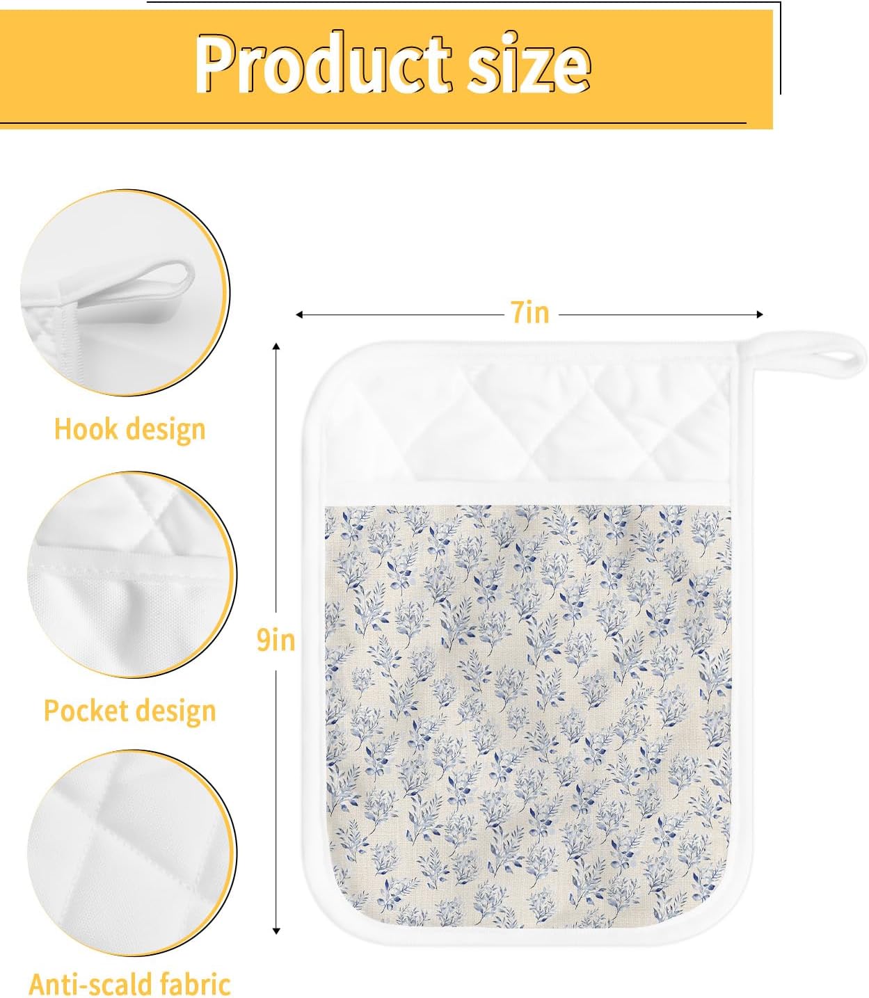 Elegant Flower 4Pcs Pot Holders for Kitchen,Non Slip & Heat Insulation Terry Cloth Potholder Set with Pocket,Thick Hot Pad Oven Mitts Trivet Coaster