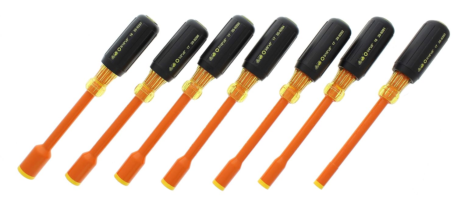 IDEAL Electrical 35-9104 Juego de destornilladores de tuercas aislantes 7 piezas naranja, destornilladores de eje de 4 pulgadas con asas de agarre
