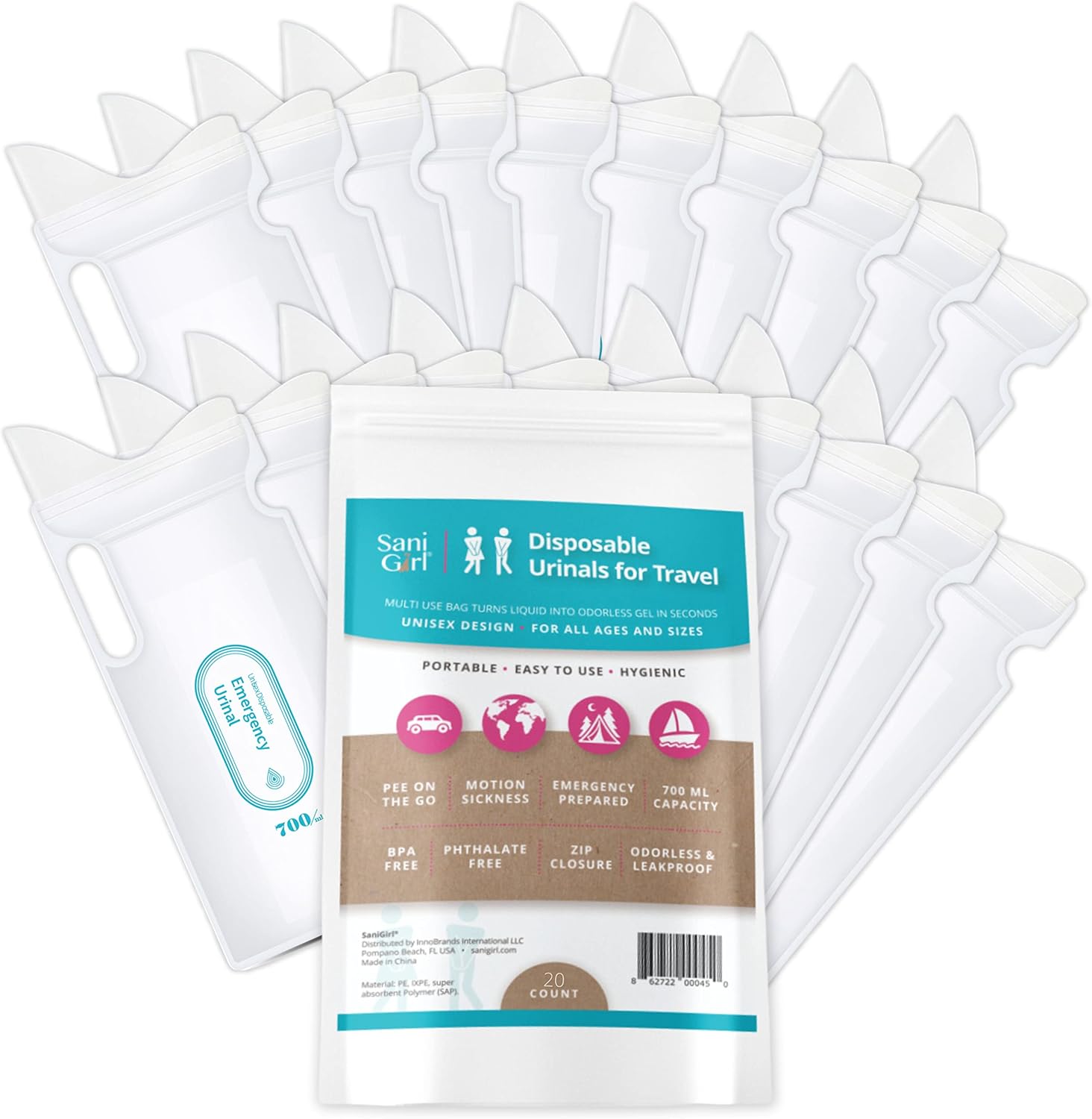 SaniGirl Urinario femenino  Bolsas desechables para orinar para viajes para mujeres, hombres, niños, urinario de emergencia, sanitario, viajes,
