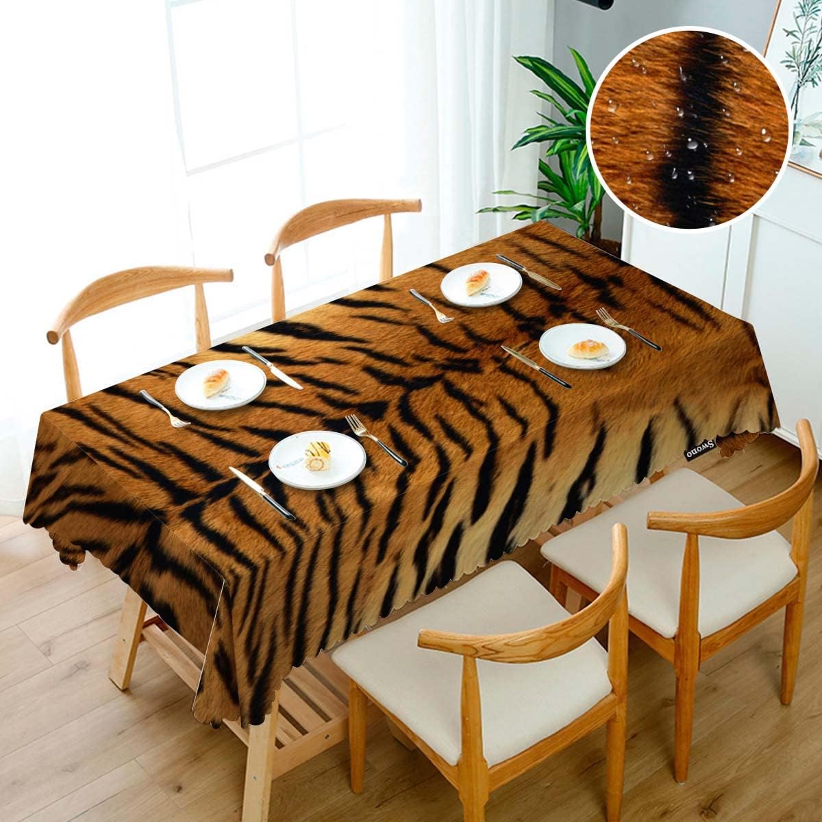 Swono Fundas de mesa con estampado de tigre de 52 x 70 pulgadas, color marrón y negro, mantel lavable para decoración de mesa de cocina, comedor,