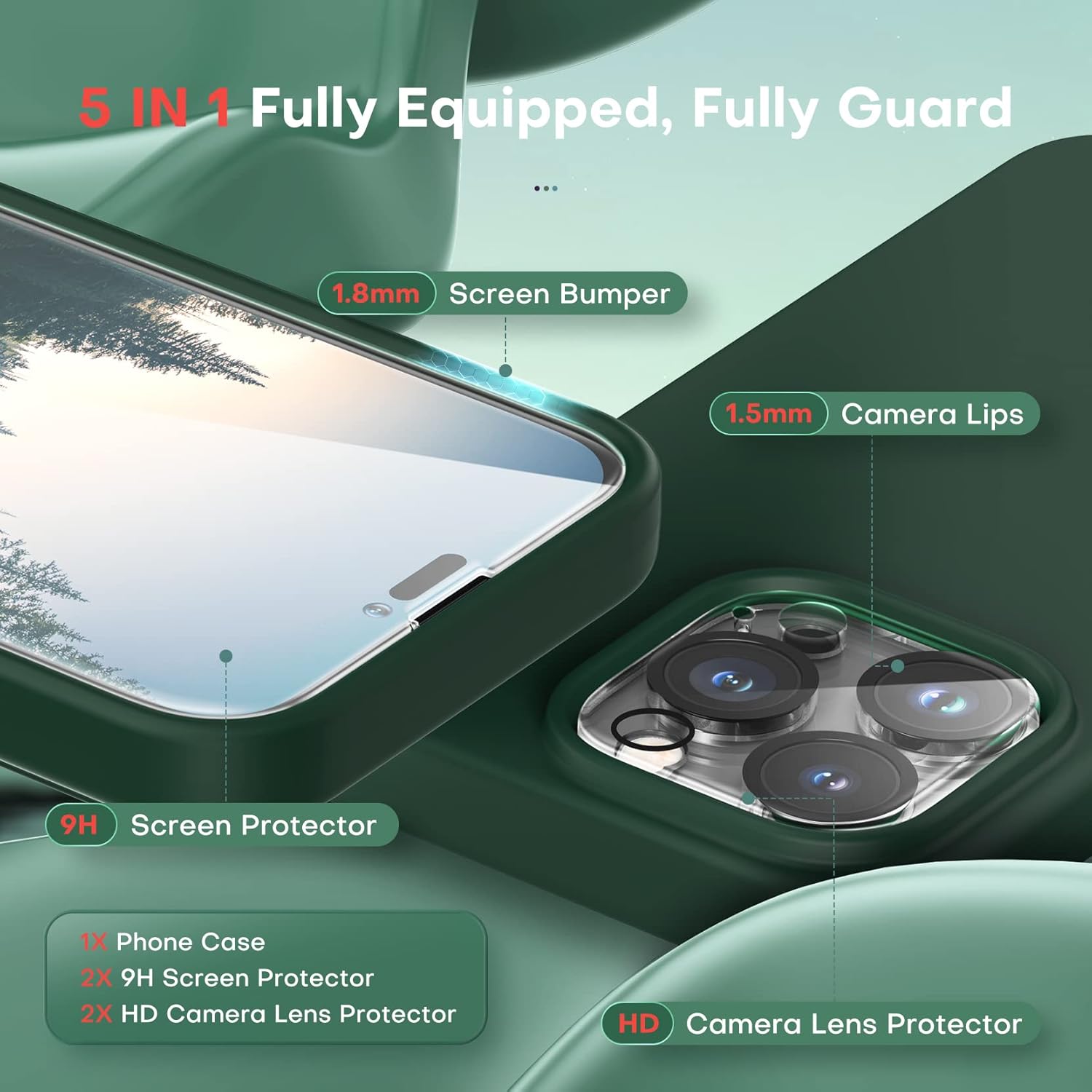 TOCOL Funda 5 en 1 para iPhone 14 Pro Max, 2 protectores de pantalla + 2 protectores de lente de cámara, funda delgada de silicona líquida para