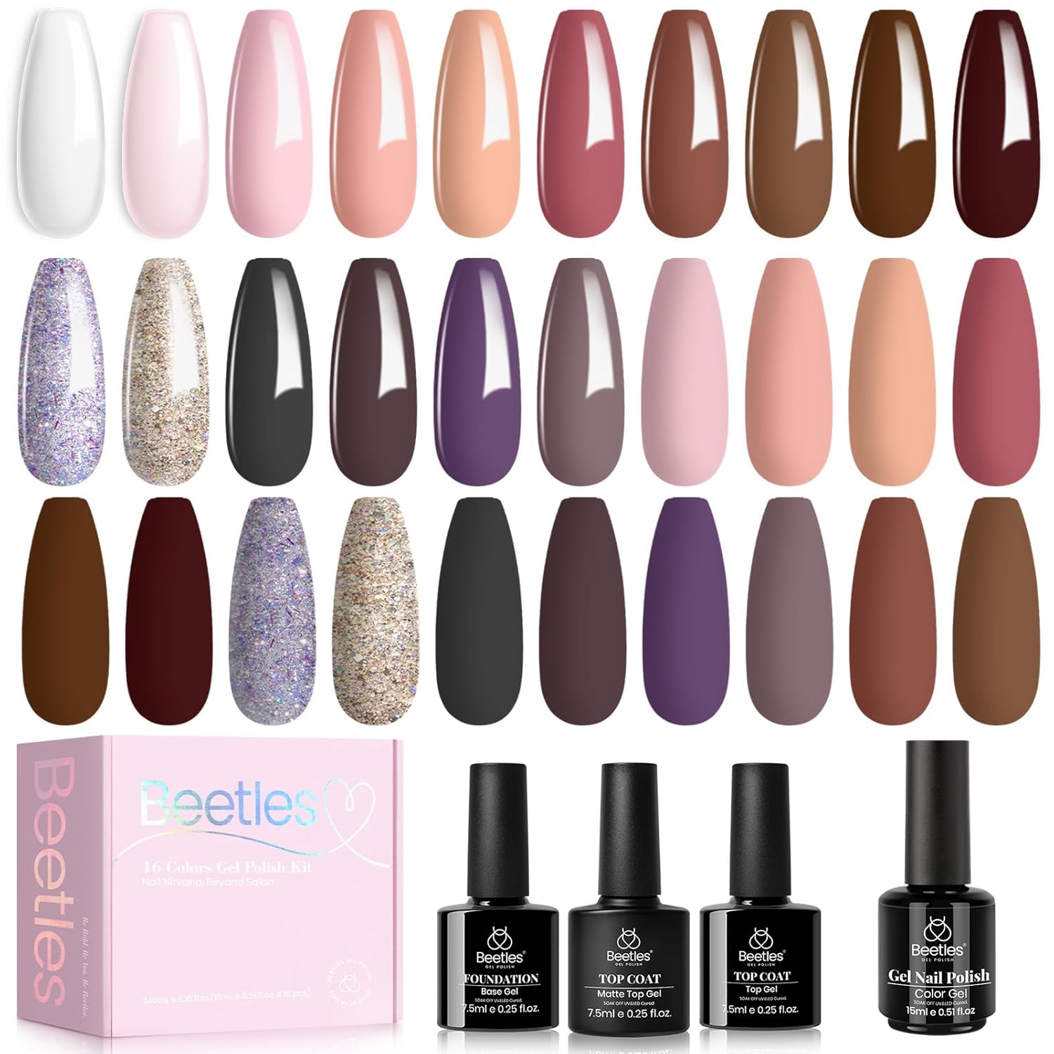 beetles Gel Polish Juego de esmaltes de uñas de gel de 16 colores de 0.5 onzas líquidas, blanco, marrón oscuro, rosa, nude, encanto, natural,