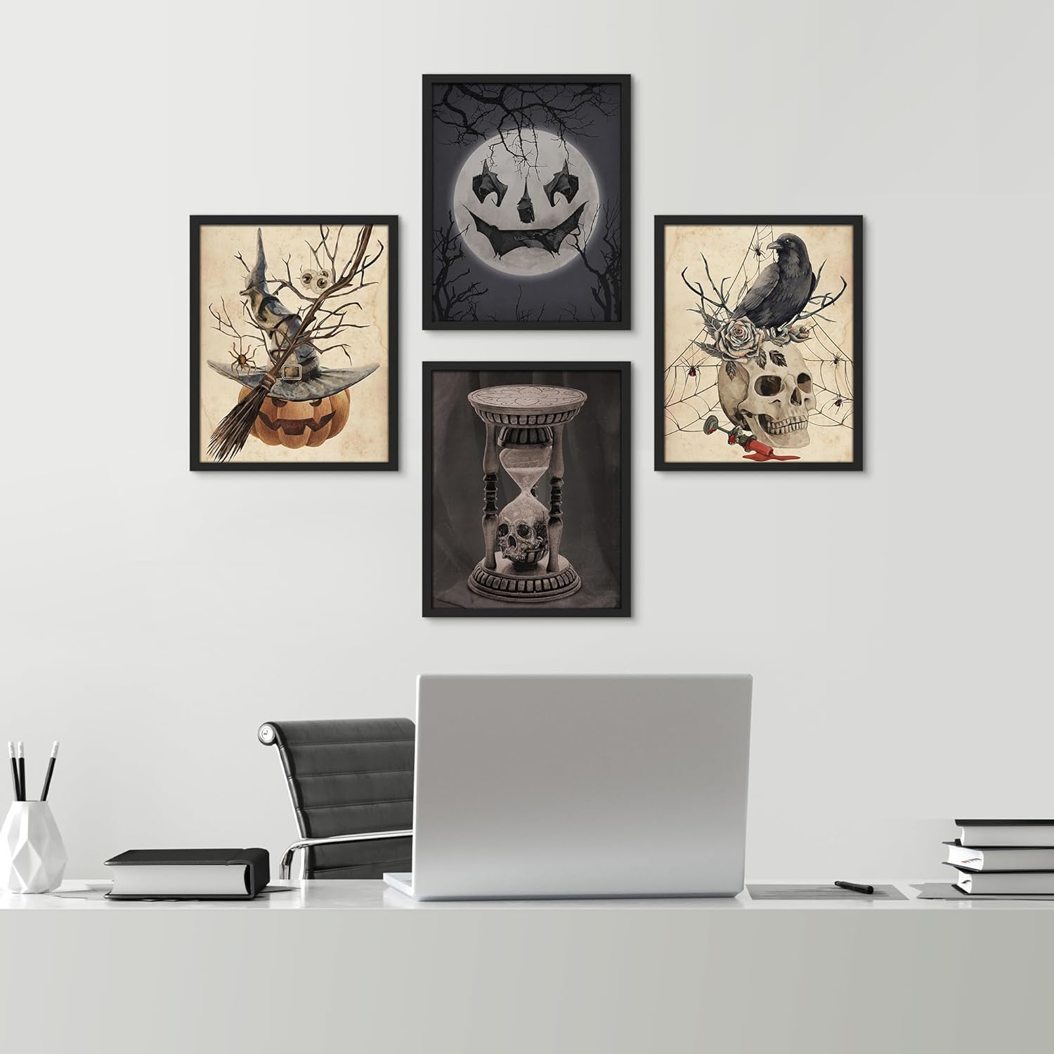 SIGNWIN Póster enmarcado Pascua de Halloween con sombrero, esqueleto, gato, calabaza, celebraciones y vacaciones, arte moderno, realismo, animal