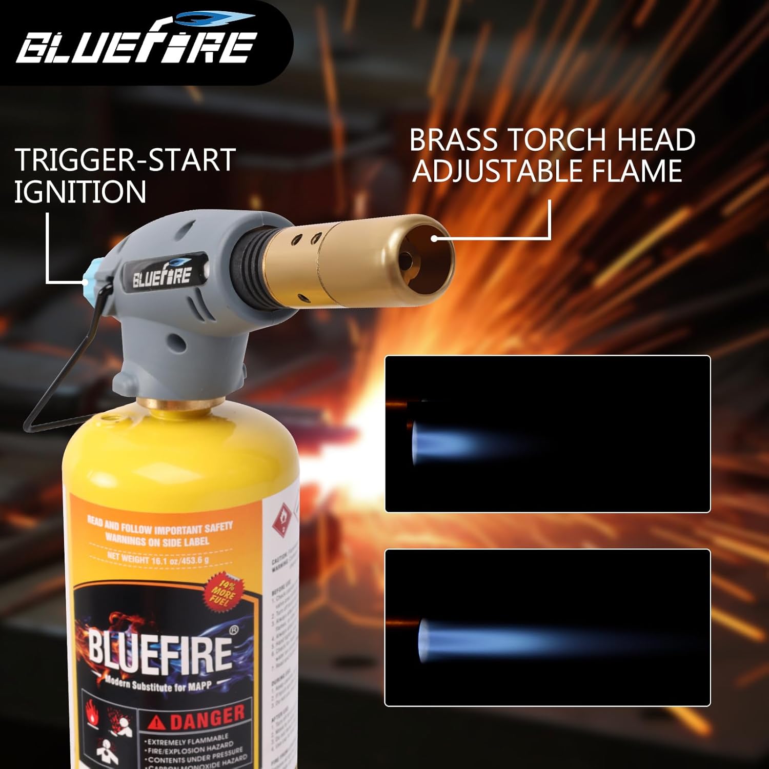 BLUEFIRE MAPP MAP PRO Cilindro de gas propano para soldadura, reparación de fontanería, reparación de plomería, vidrio de iluminación