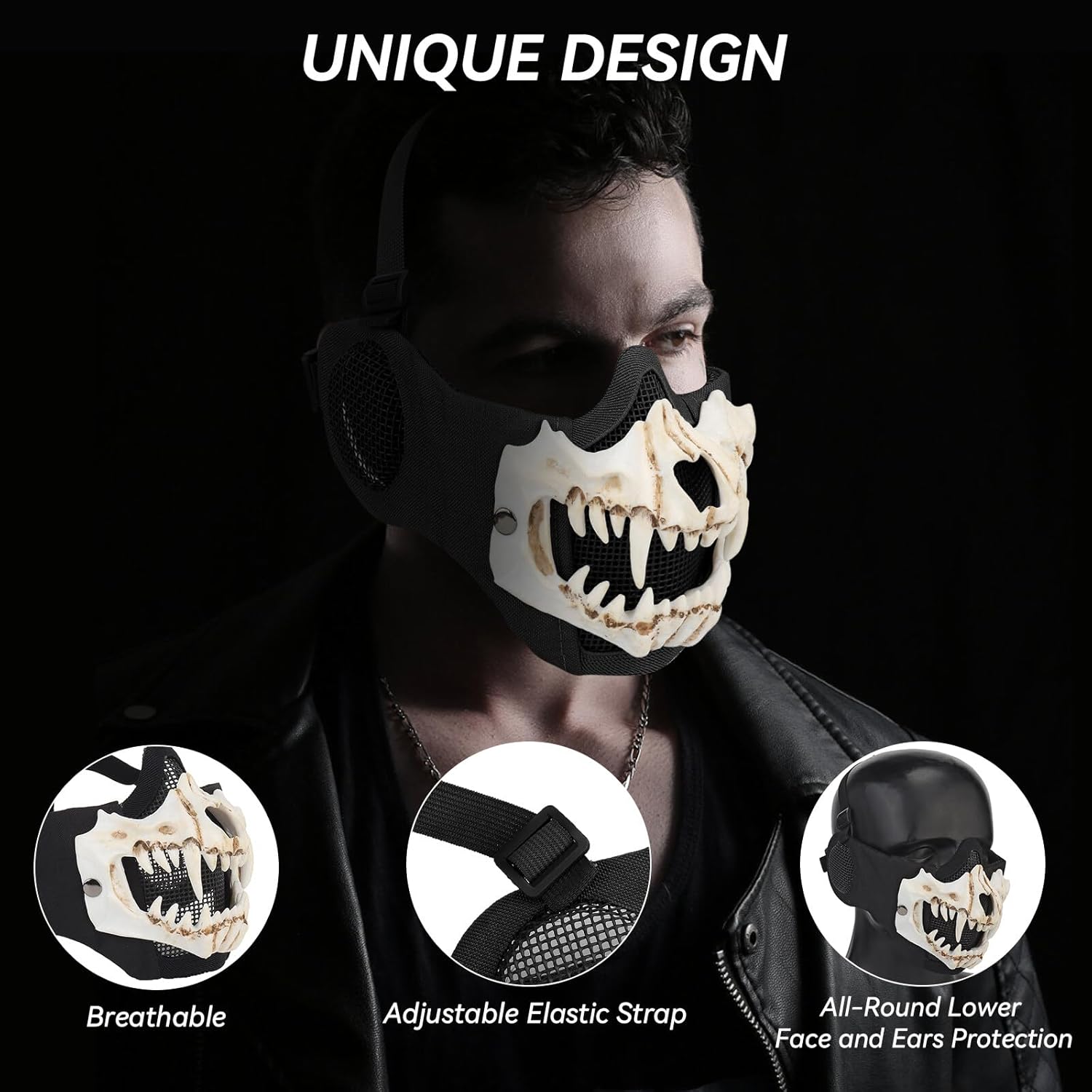 Airsoft – Máscaras tácticas de calavera de media cara con protección facial para las orejas, máscara de malla para Halloween, paintball, CS caza