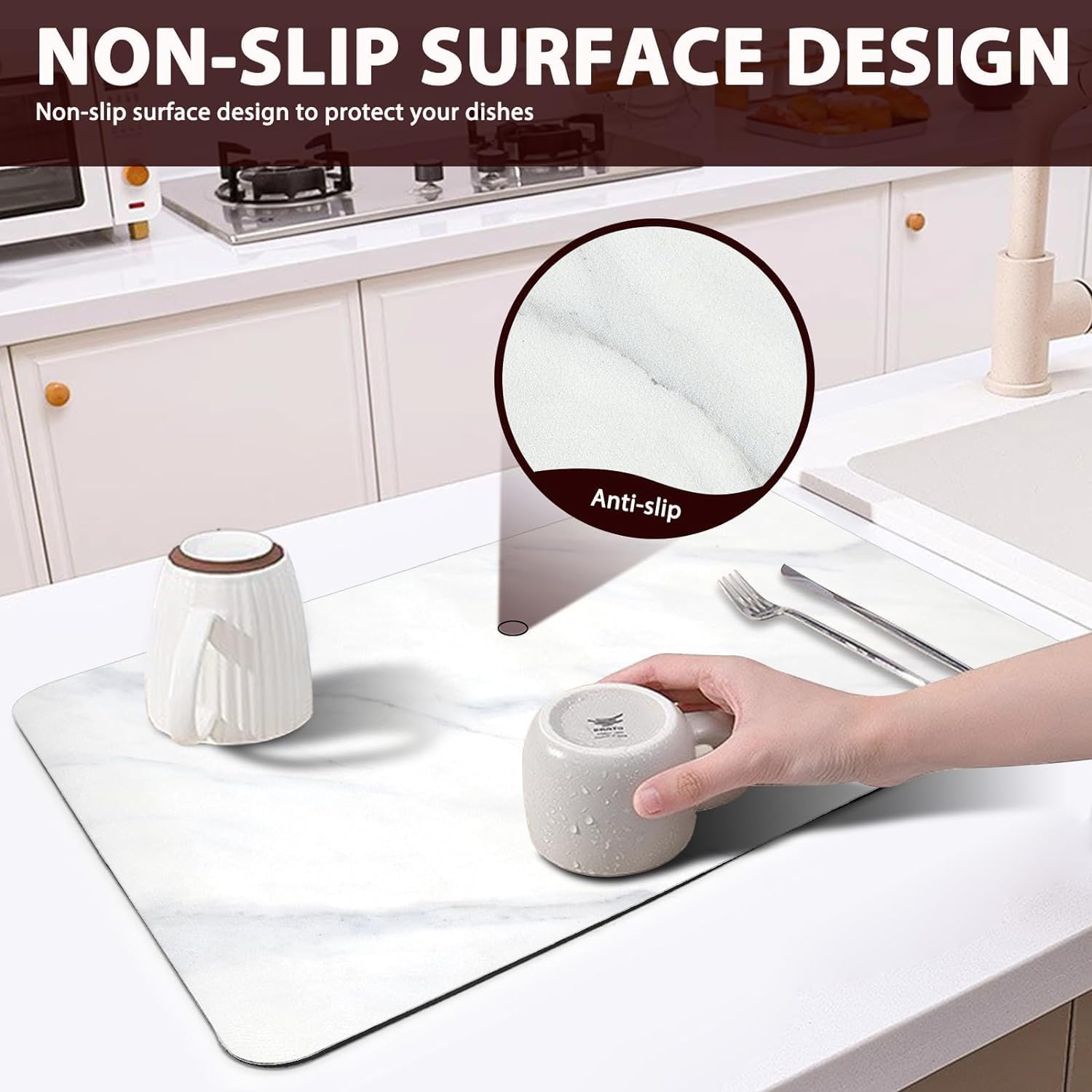 Tapete de secado de platos para encimera de cocina, 24 x 16 pulgadas, súper absorbente, almohadilla de secado de platos con parte trasera de goma