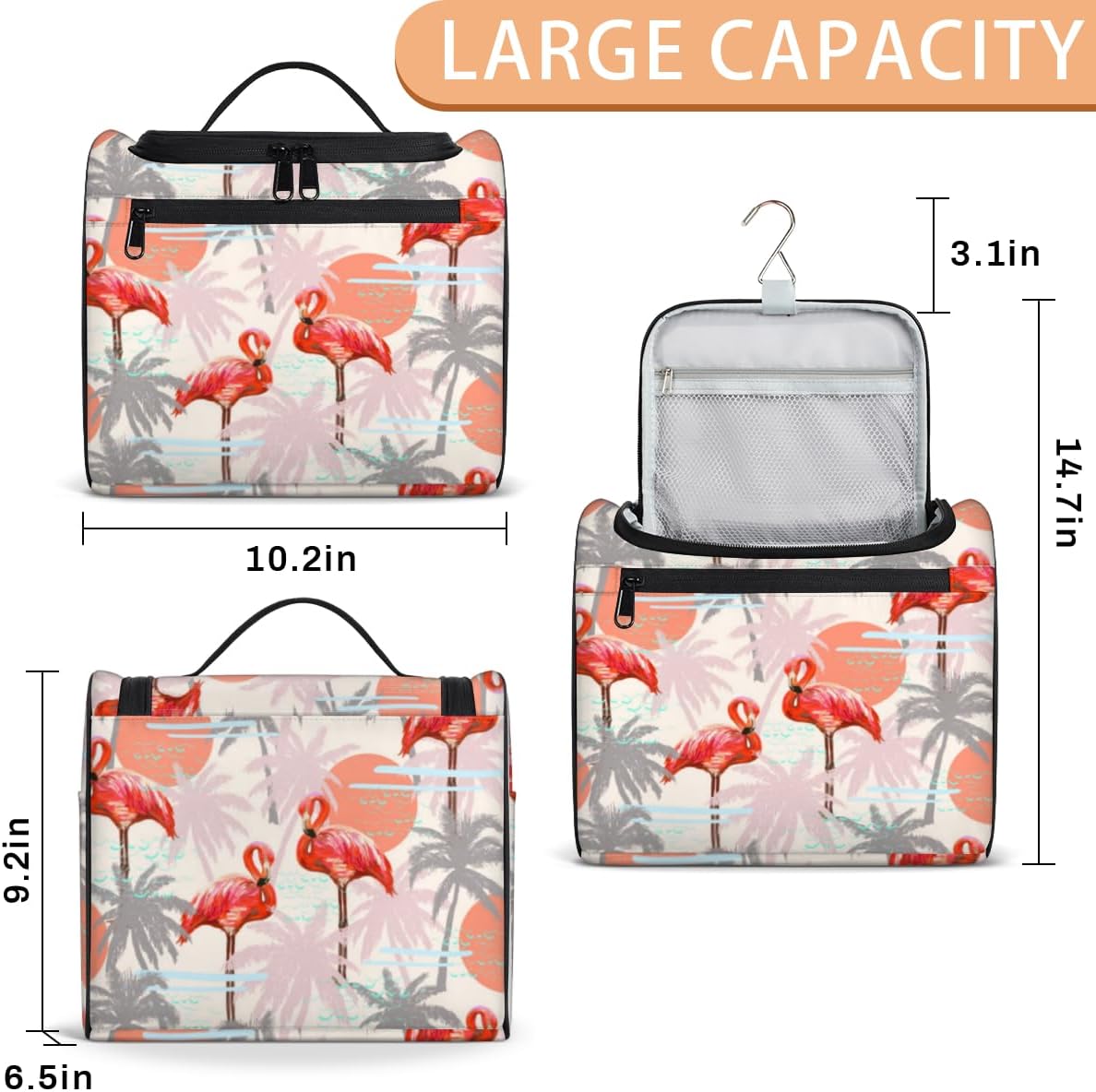 QsirBC Bolsa de aseo de flamencos de hoja de palma para mujer, organizador de maquillaje de viaje con gancho para colgar, bolsas de cosméticos de