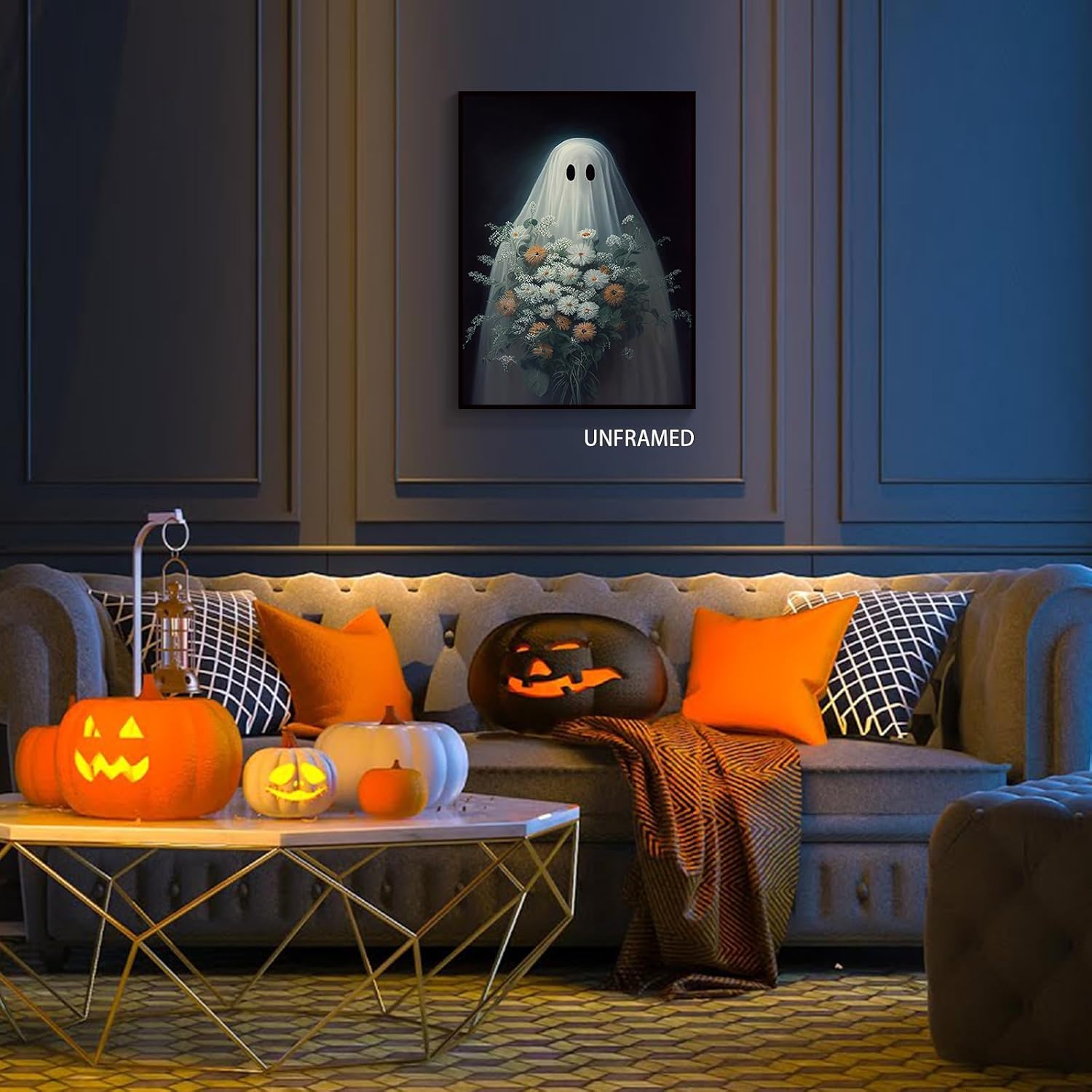 Wodkodnxy Lienzo decorativo para pared de fantasmas de Halloween, divertido póster de fantasmas lindos sosteniendo flores, Academia oscura