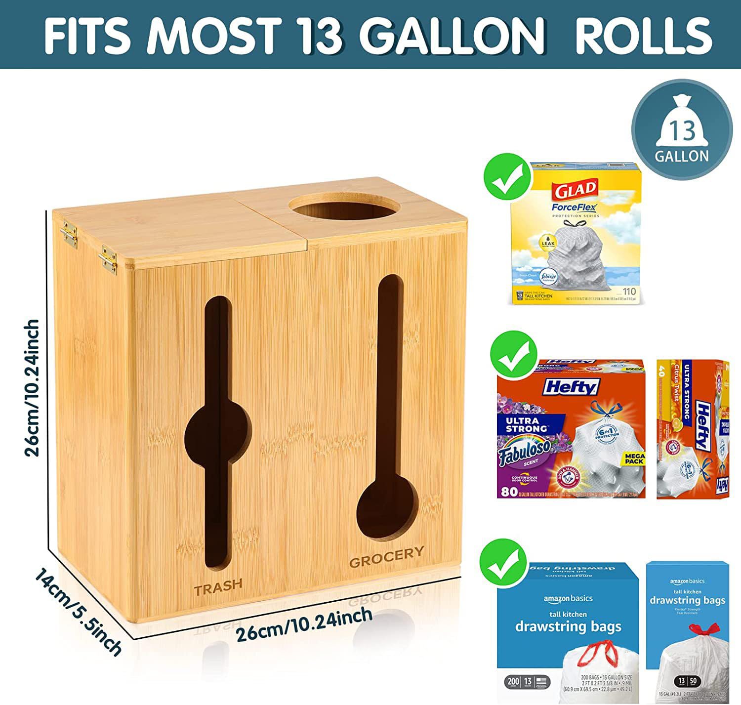 Dispensador de bolsas de basura 2 en 1 y soporte para bolsa de comestibles  Montado en la pared de bambú  Organizador de bolsas de basura y soporte