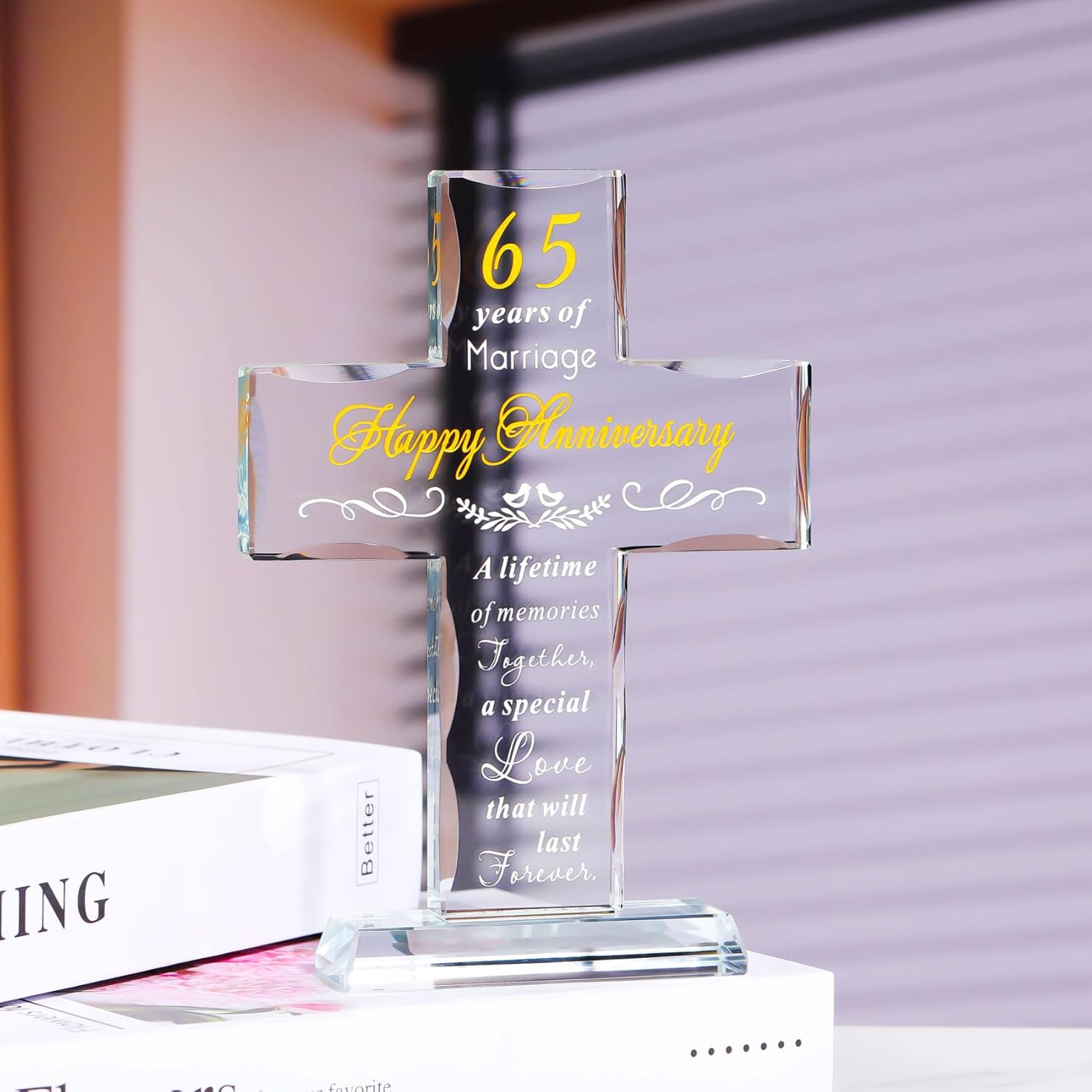 YWHL Regalos de cruz de 65 aniversario de boda para padres y abuelos, decoración de fiesta de 65 años, recuerdo de cruz de cristal para pareja