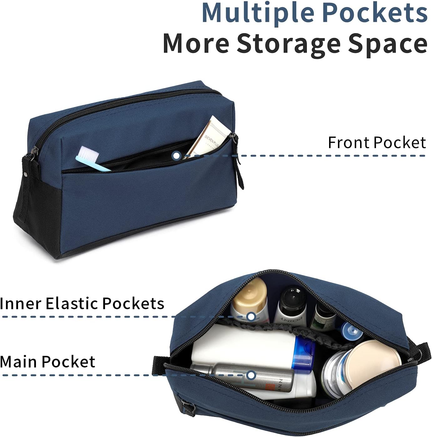 BuyAgain Neceser de aseo personal, neceser de viaje, bolsa de baño, impermeable, kit de maquillaje cosmético para hombres o mujeres, Azul mezclilla,