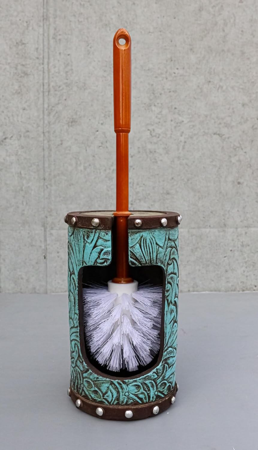 Ebros Gift Juego de 2 piezas para limpiar el inodoro con diseño floral de cuero sintético turquesa occidental rústico vintage y soporte para base