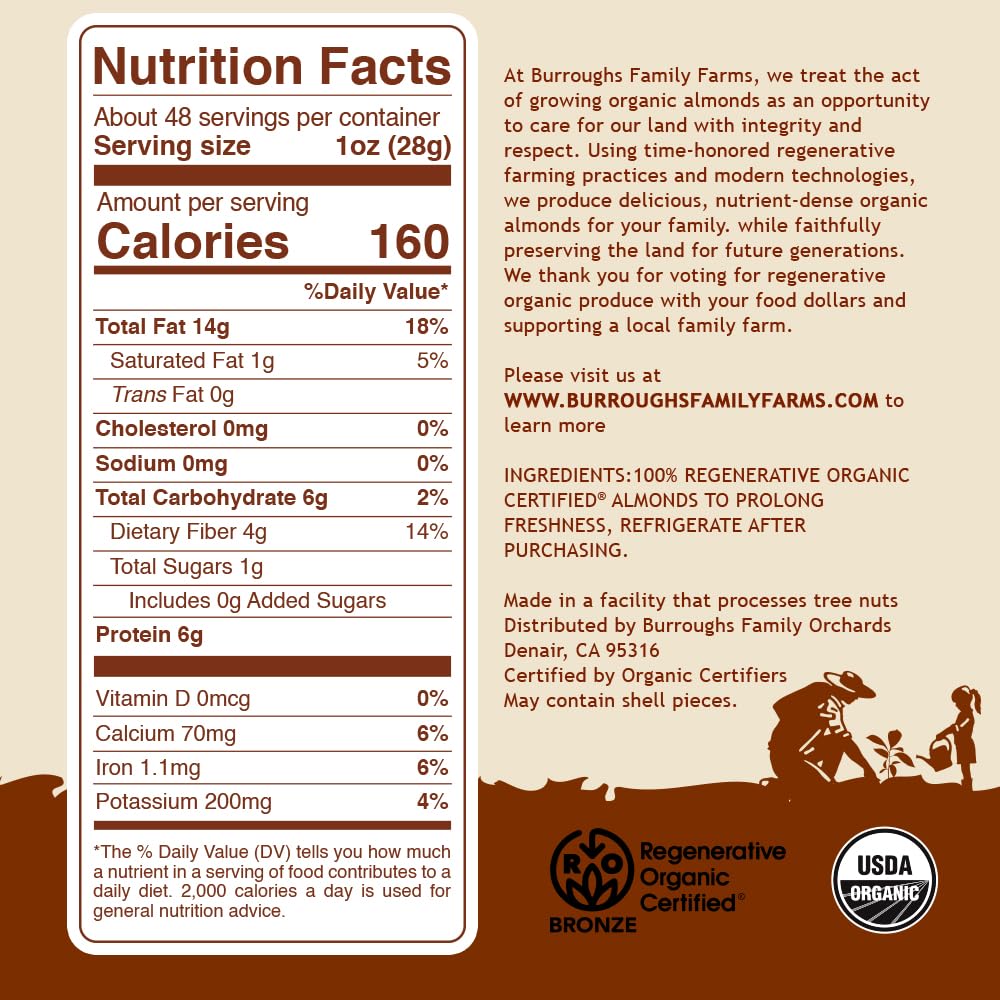 Burroughs Family Farms Almendras orgánicas regenerativas totalmente naturales, sin gluten, sin OMG, almendras paleo cetogénicas, delicias sin culpa