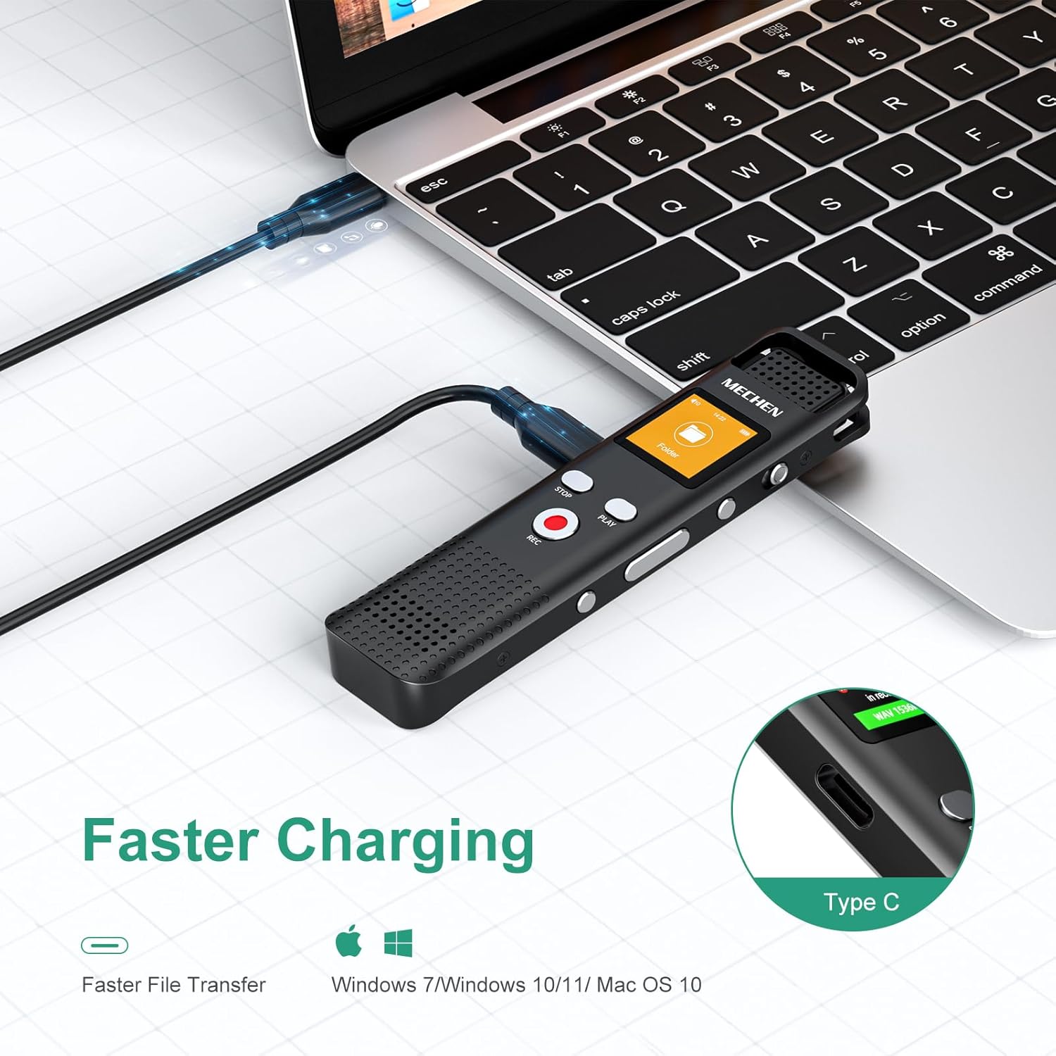 MECHEN – Grabadora de voz digital de 64 GB activada por voz para conferencias y reuniones, pequeño dictáfono recargable de 1536 Kbps con