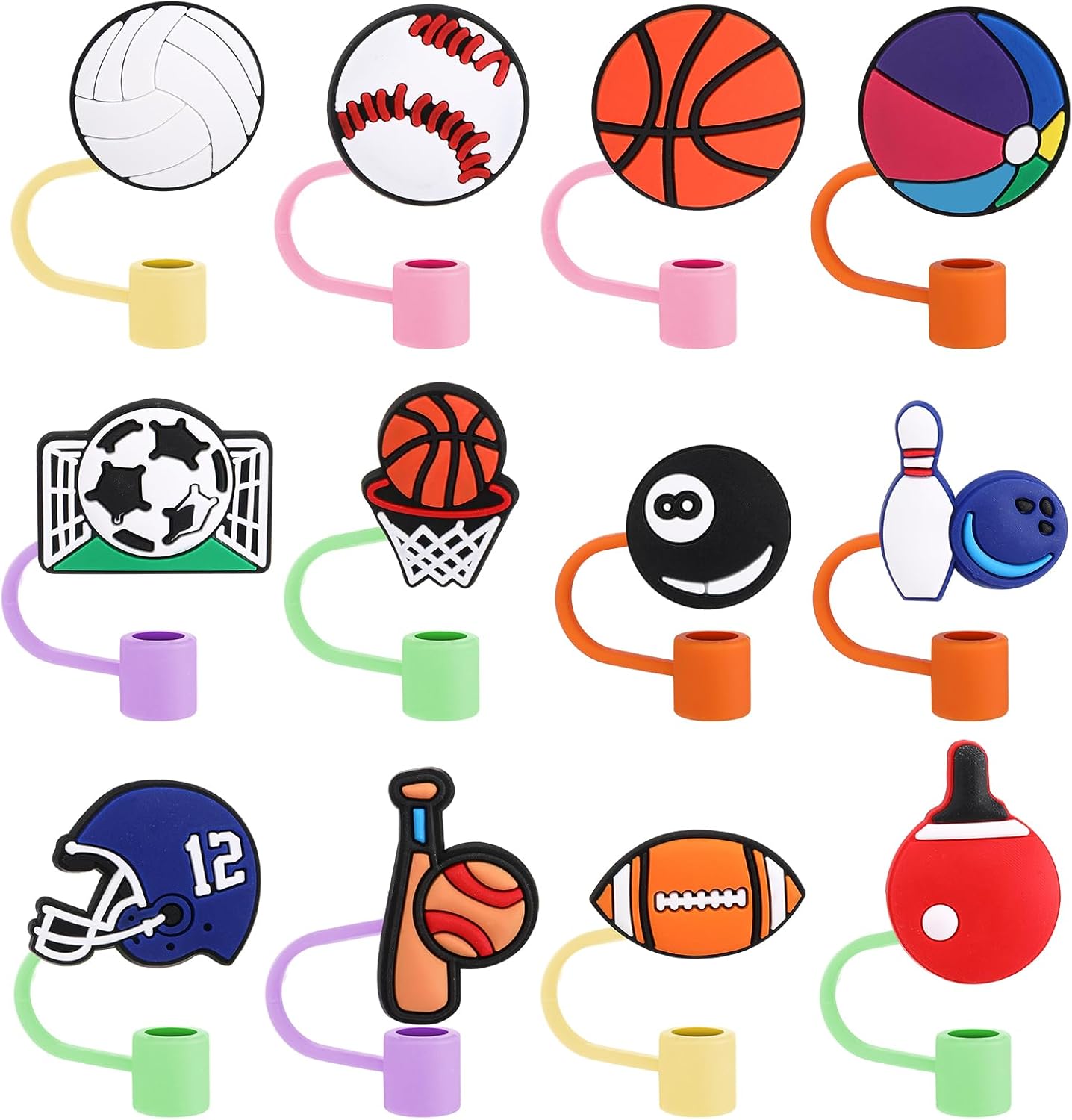 12 fundas de silicona reutilizables con punta de popote para fiestas deportivas, tapones para popotes, protector de popote deportivo para puntas de