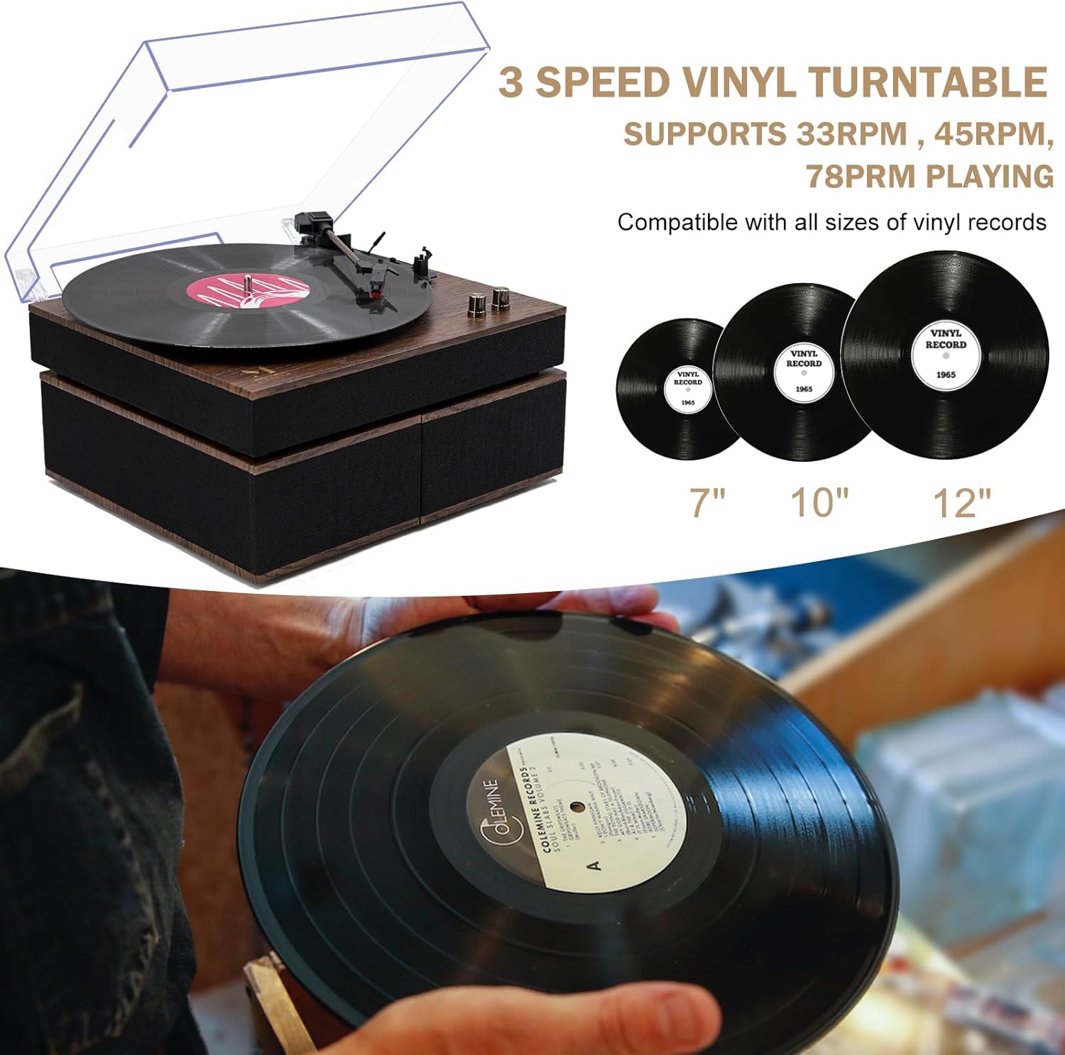 MPK – Tocadiscos Bluetooth, sistema de alta fidelidad con altavoces de estantería, tocadiscos de vinilo de 3 velocidades con transmisión por correa
