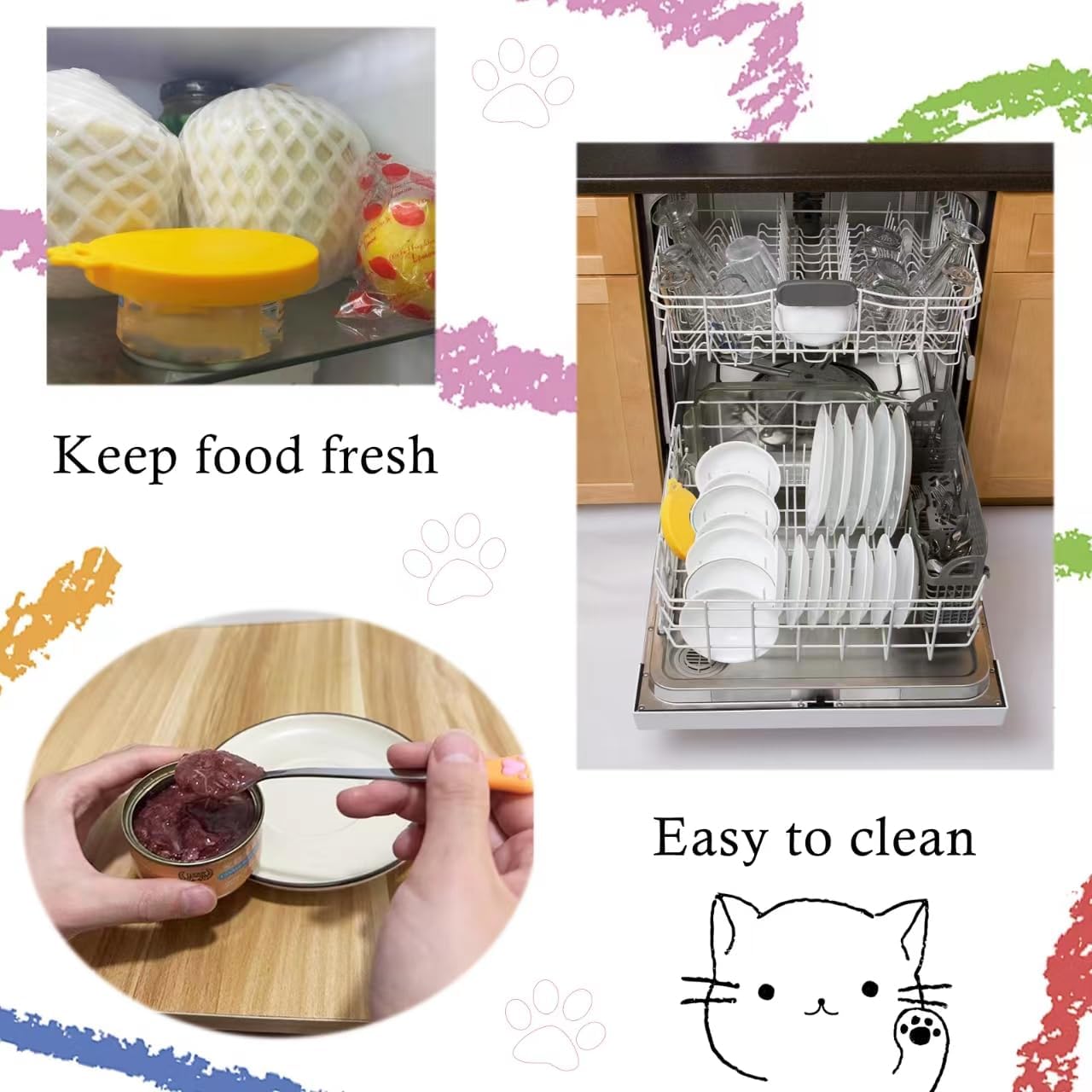 Cucharas y tapas de latas de comida para gatos  4 piezas  Abrelatas multifunción  Cubiertas de silicona para latas de alimentos para mascotas