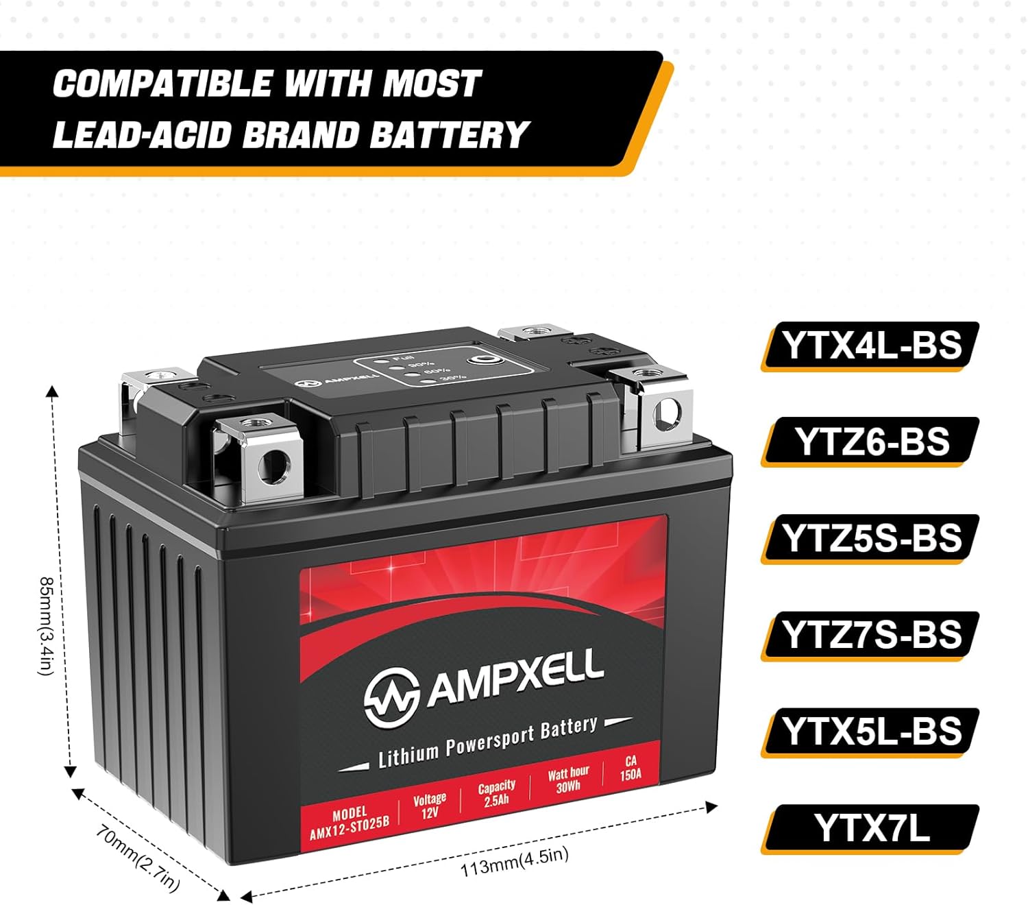 YTX4L-BSYTX5L-BS – Batería de litio para motocicleta de 12 V, 150 A, 2.5 Ah, repuesto YTZ5S Powersport batería, motocicleta, ATV, UTV, scooter, 4