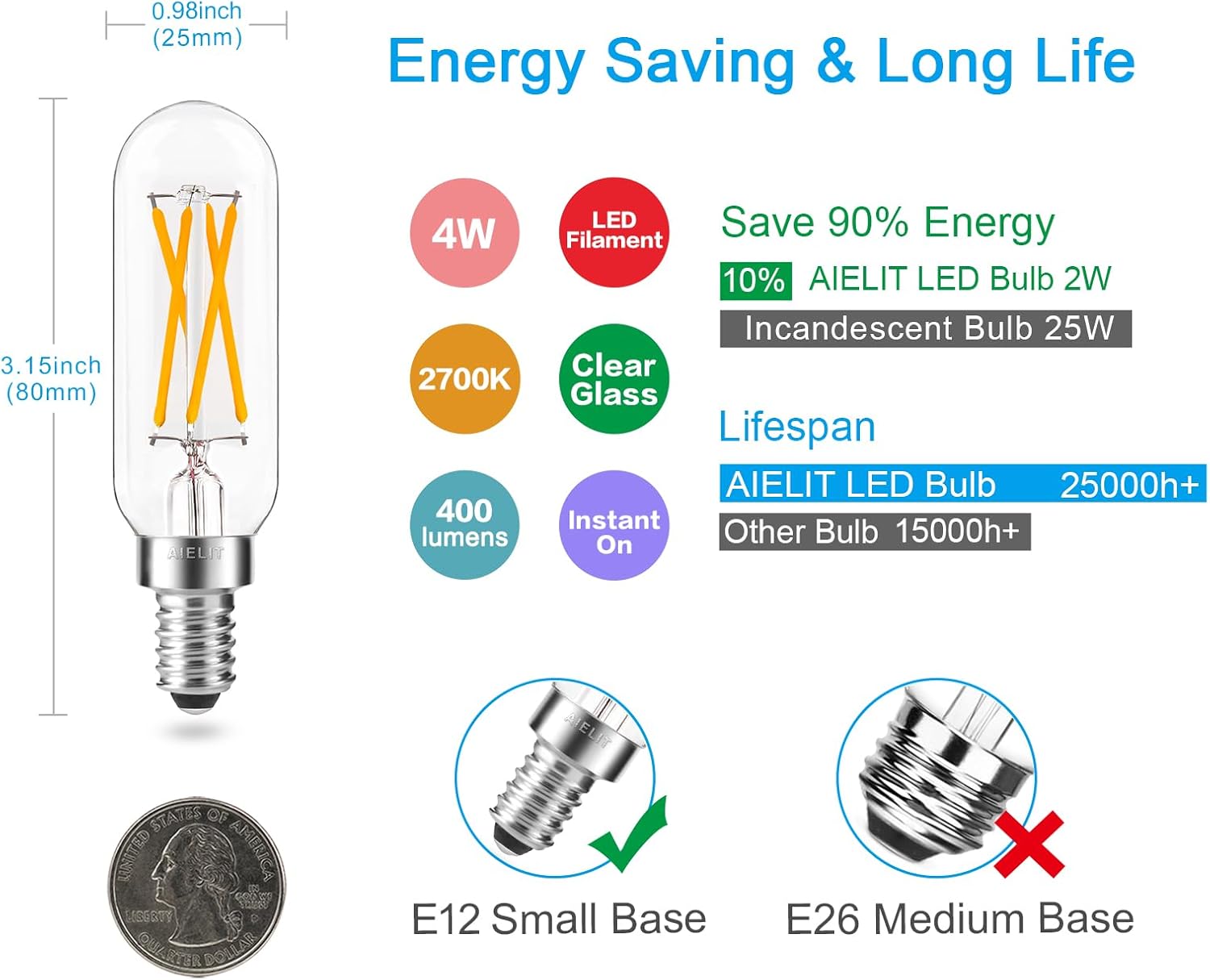 Bombilla LED E12 (regulable 0  100%), bombillas de luz T8 de Aielit, 4 W equivalentes a 40 W incandescente, filamento vintage, bombilla de