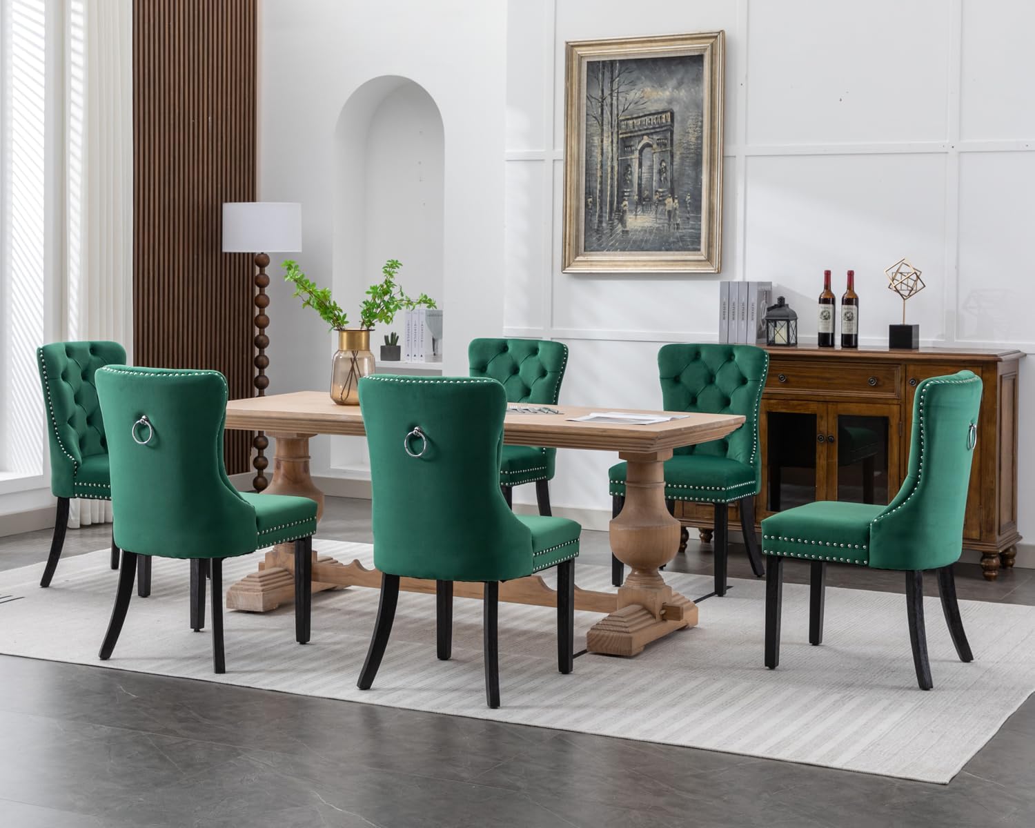 KCC Nikki Collection – Juego de 2 sillas de comedor de terciopelo tapizadas de alta gama con anillo trasero de clavo, patas de madera maciza, estilo