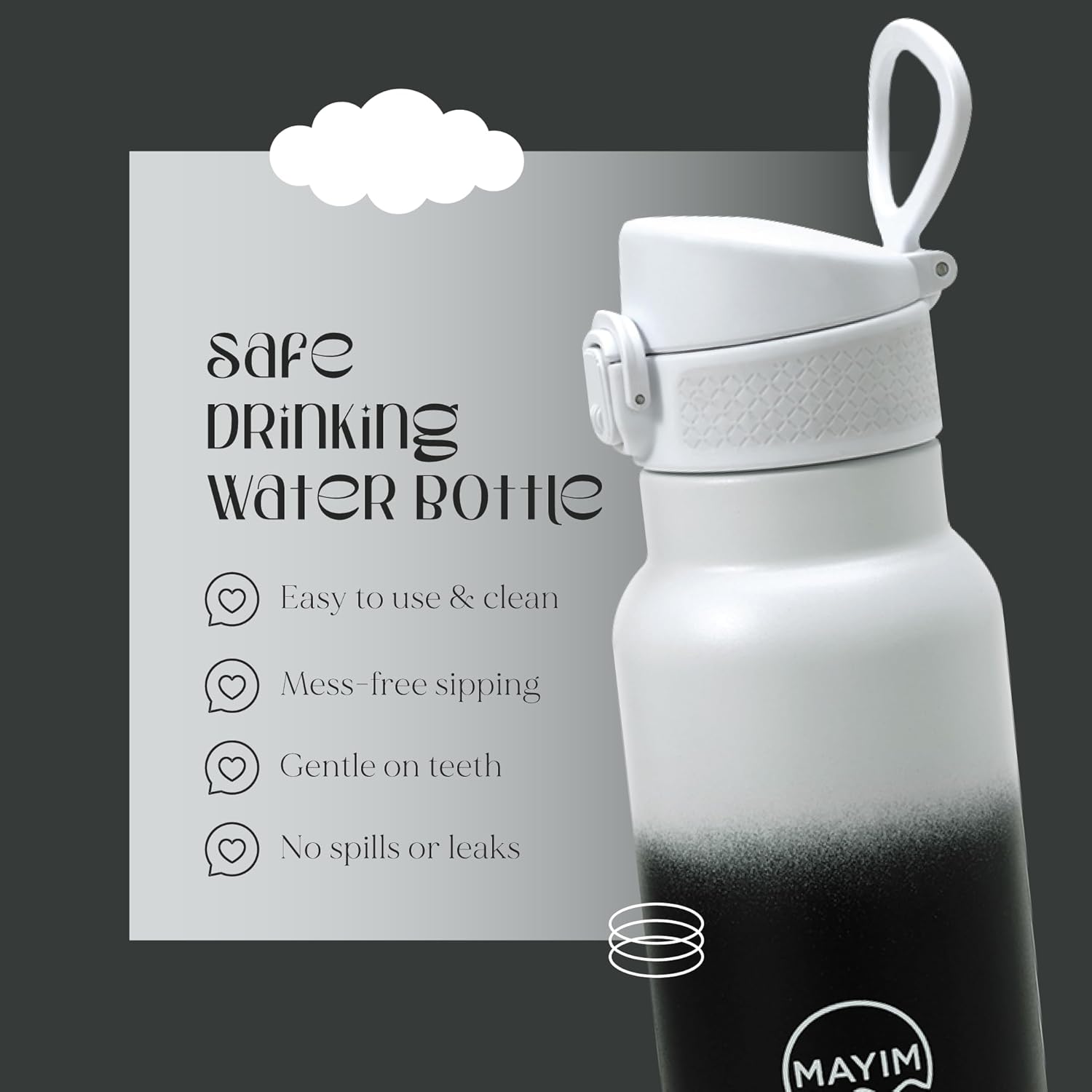 Botella de agua de acero inoxidable a prueba de fugas para niños con tapa abatible y boquilla de bloqueo, 12 onzas, blanco y negro