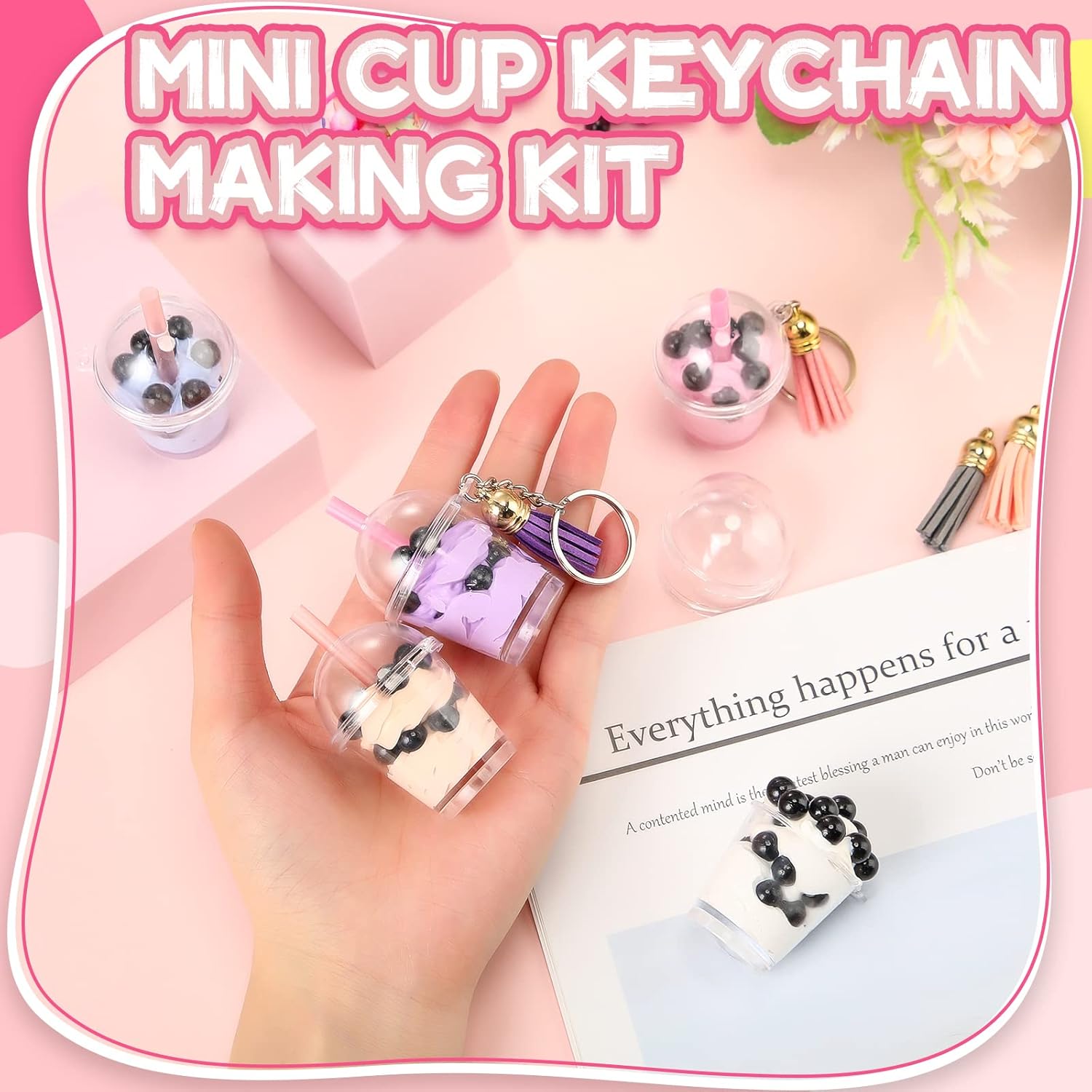 348 piezas de mini llaveros de té lechoso, accesorios de pegamento de crema de té de burbujas, incluye 12 anillos, 12 dijes colgantes de mini taza