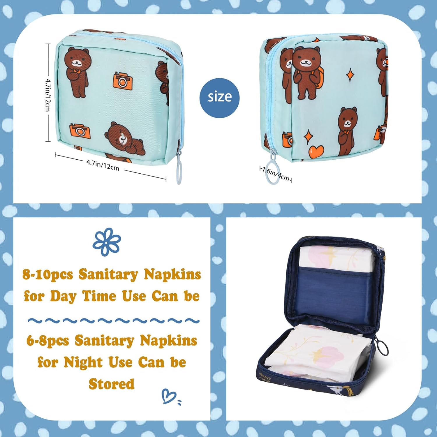 4 bolsas de período, bolsa de almacenamiento de almohadilla sanitaria, bolsa de período pequeño para bolso, bolsa de período menstrual, soporte para