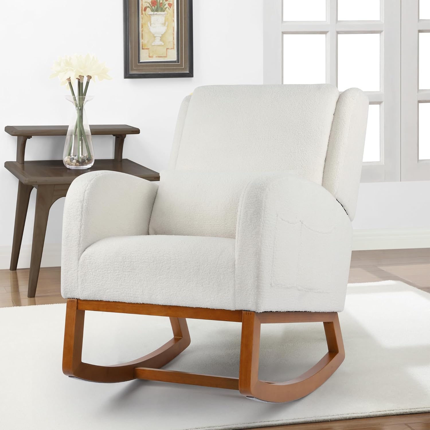 LSSBOUGHT Mecedora mullida para guardería, tela de peluche, cómoda mecedora reclinable para sala de estar, dormitorio, sillón acogedor con respaldo