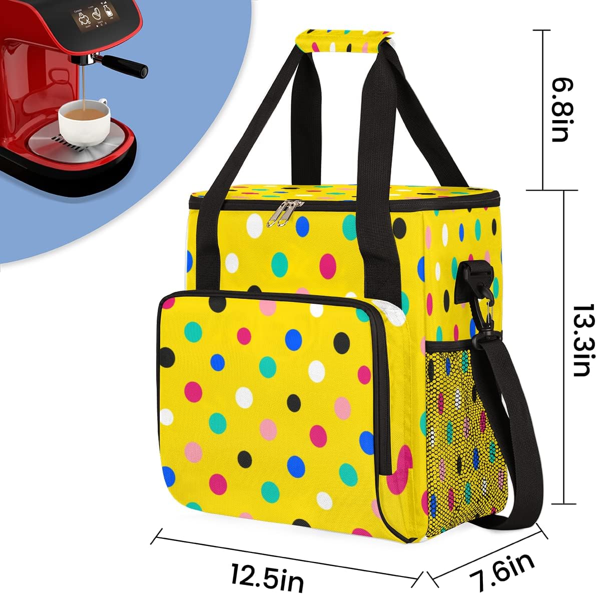 Colorida cafetera amarilla con lunares, bolsa de almacenamiento de viaje, compatible con Keurig K-Mini o K-Mini Plus, portátil, de una sola porción,